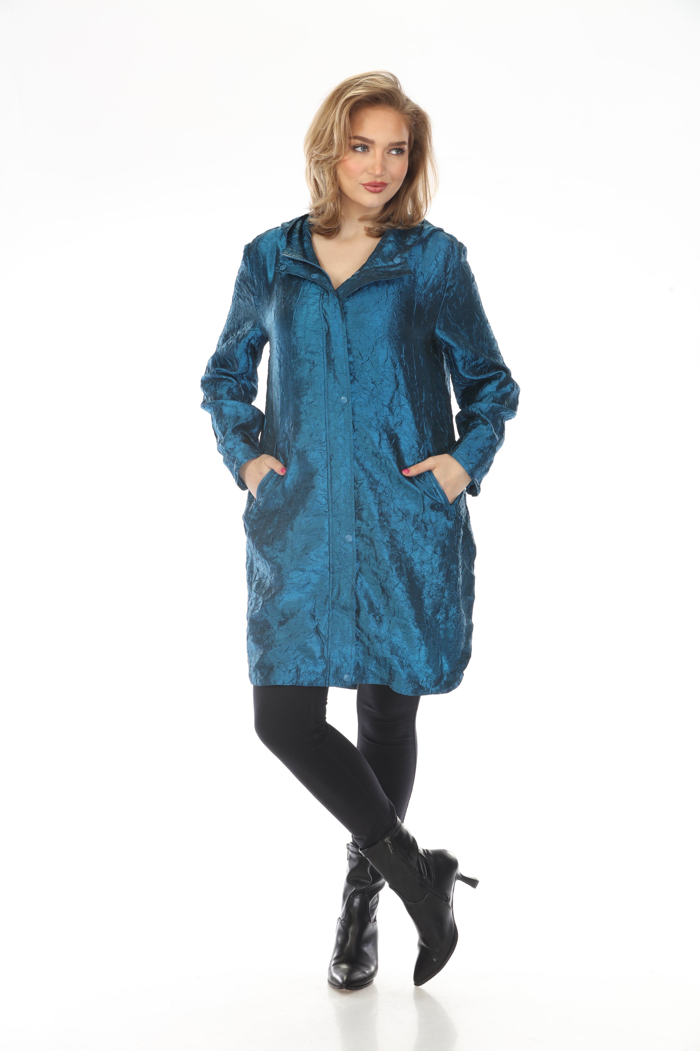 Oopera Packable Crinkle Fabric Long Raincoat - Electric Blue - AJ2601W-5