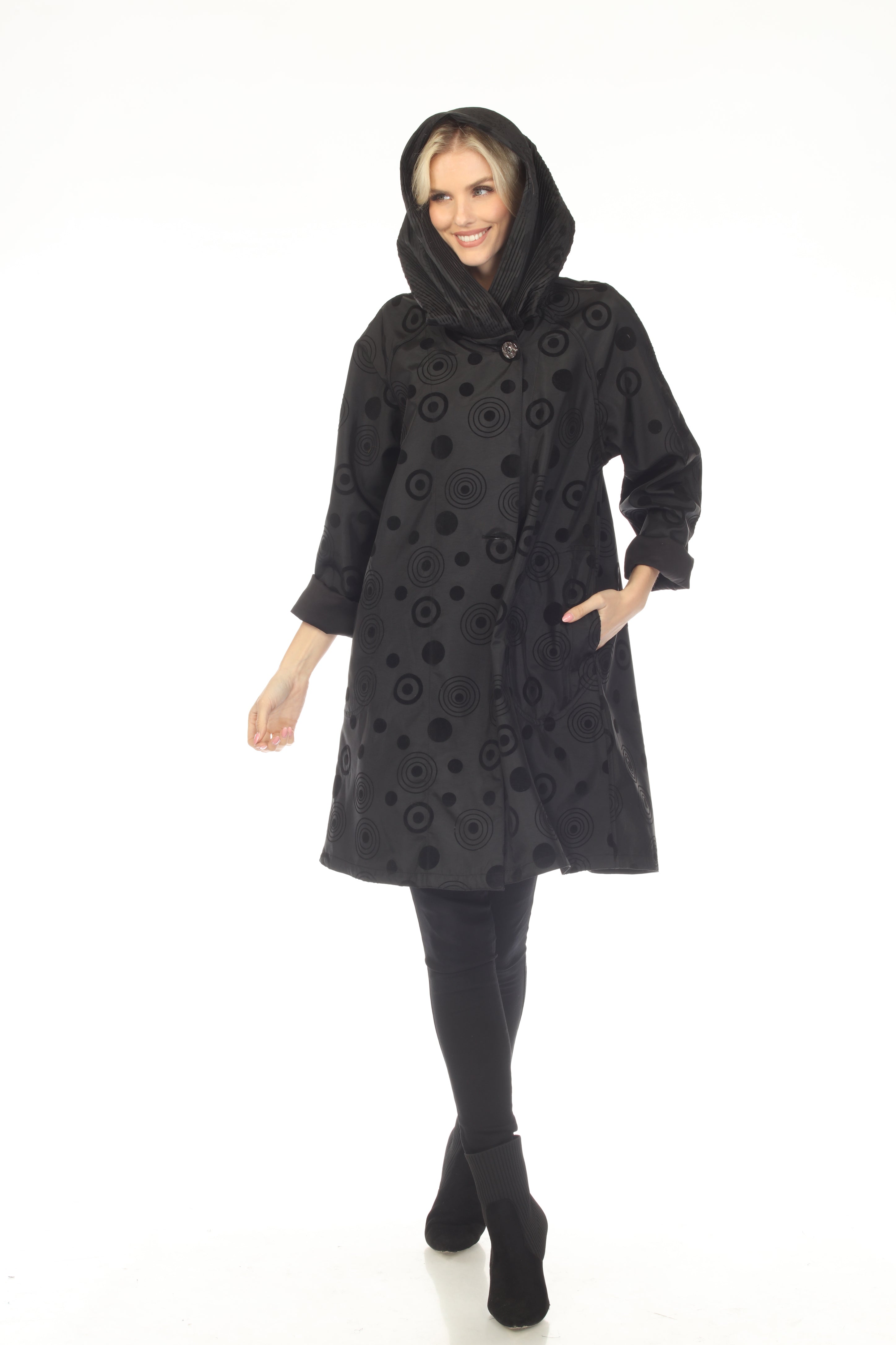 Oopera One Button Circular Pattern Ribbed Hood Raincoat - Midnight Black - AJ2604RW