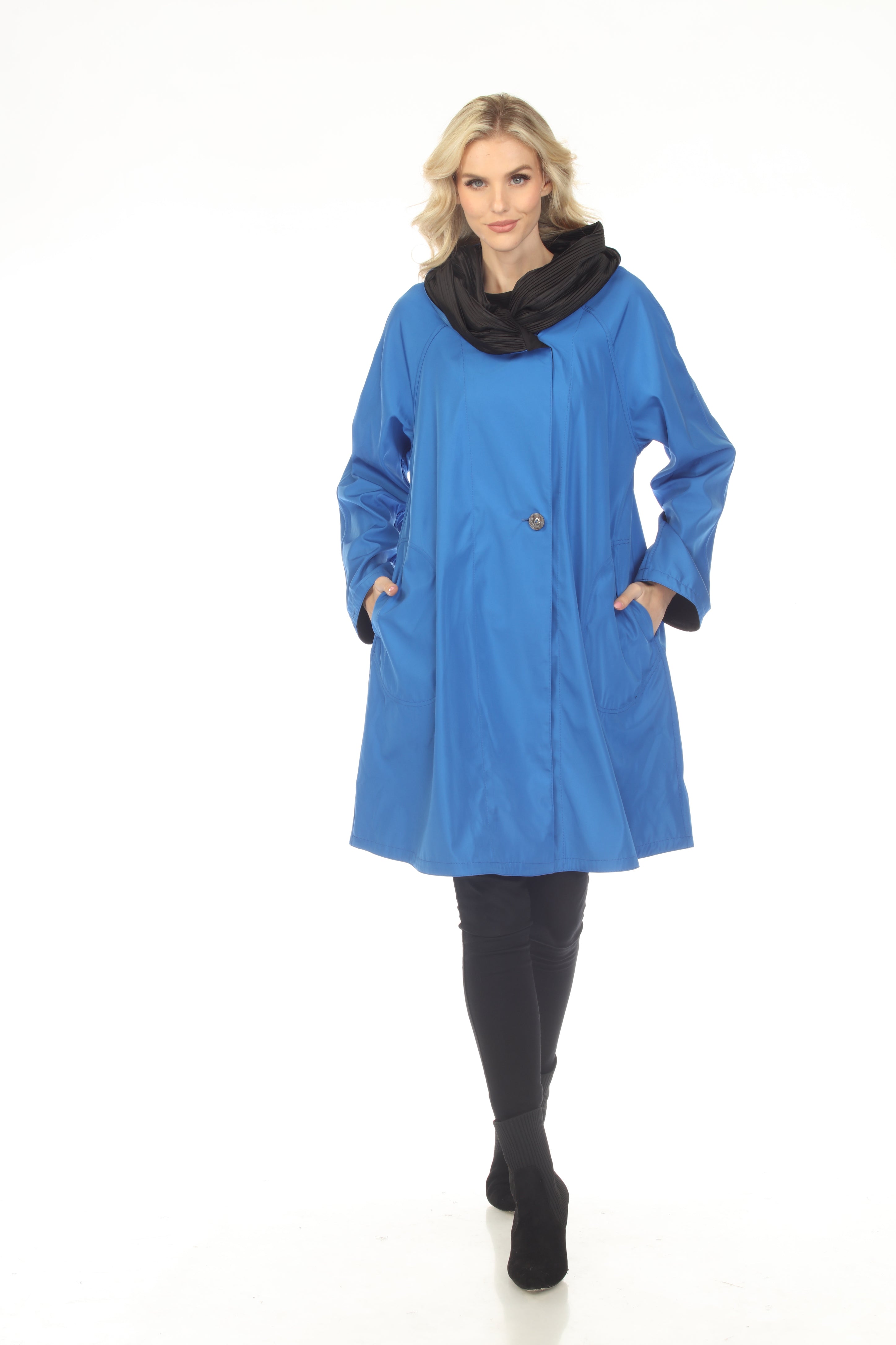Oopera Reversible Two Button Ribbed Hood Long Raincoat - Light Blue - AJ2605RW-2