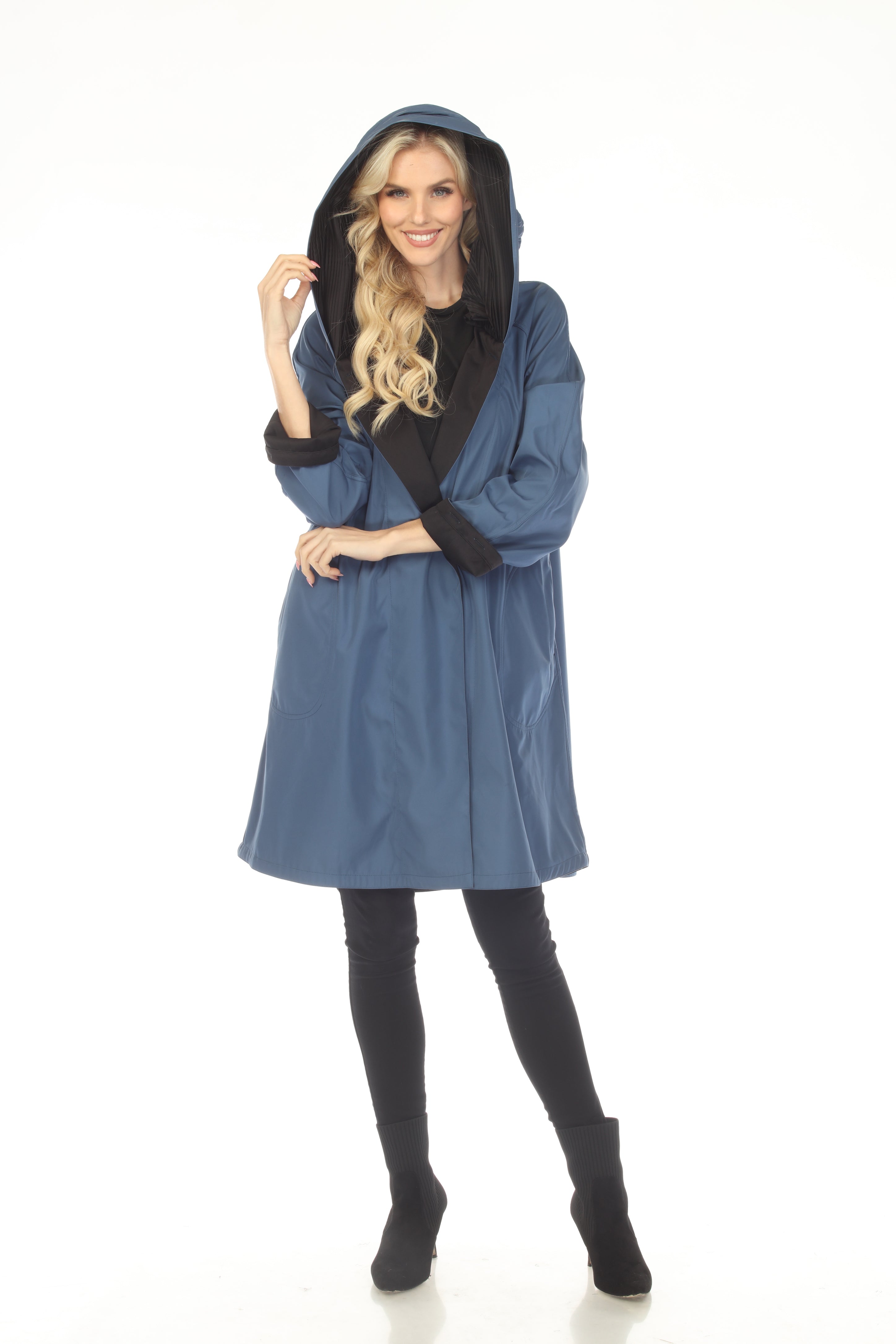 Oopera Reversible Two Button Ribbed Hood Long Raincoat - Blue - AJ2605RW-5