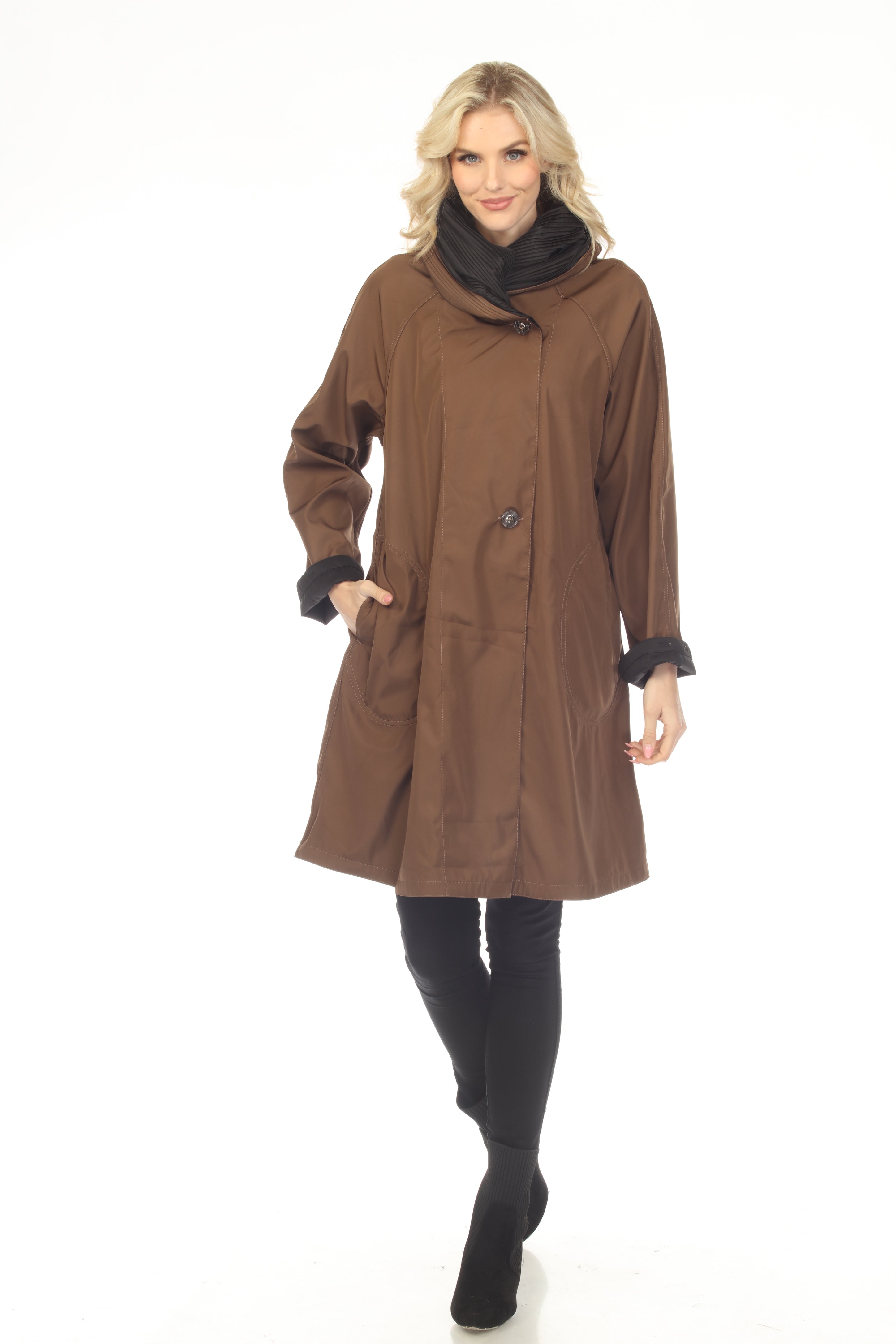 Oopera Reversible Two Button Ribbed Hood Long Raincoat - Brown- AJ2605RW-7