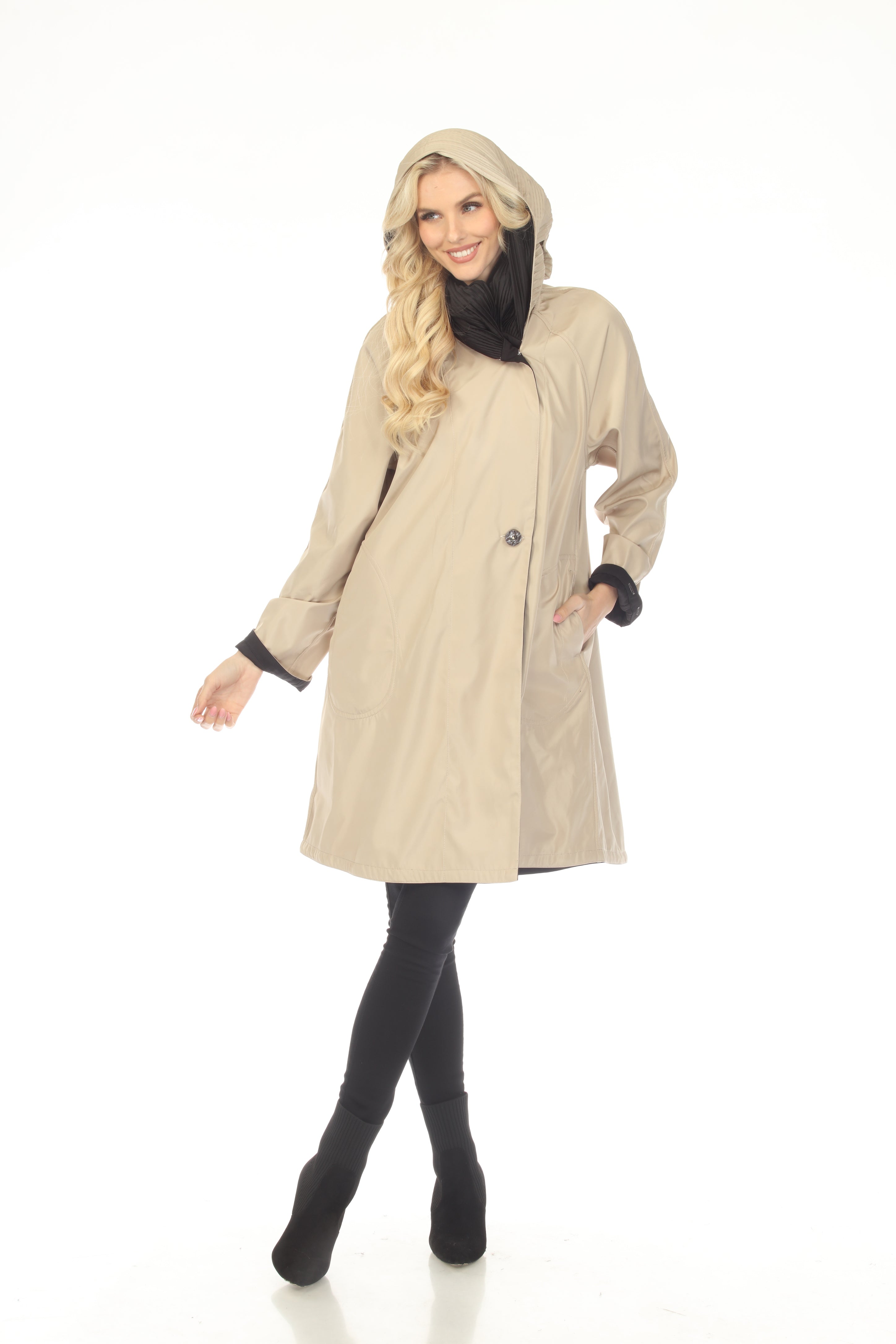 Oopera Reversible Two Button Ribbed Hood Long Raincoat - Beige - AJ2605RW-8