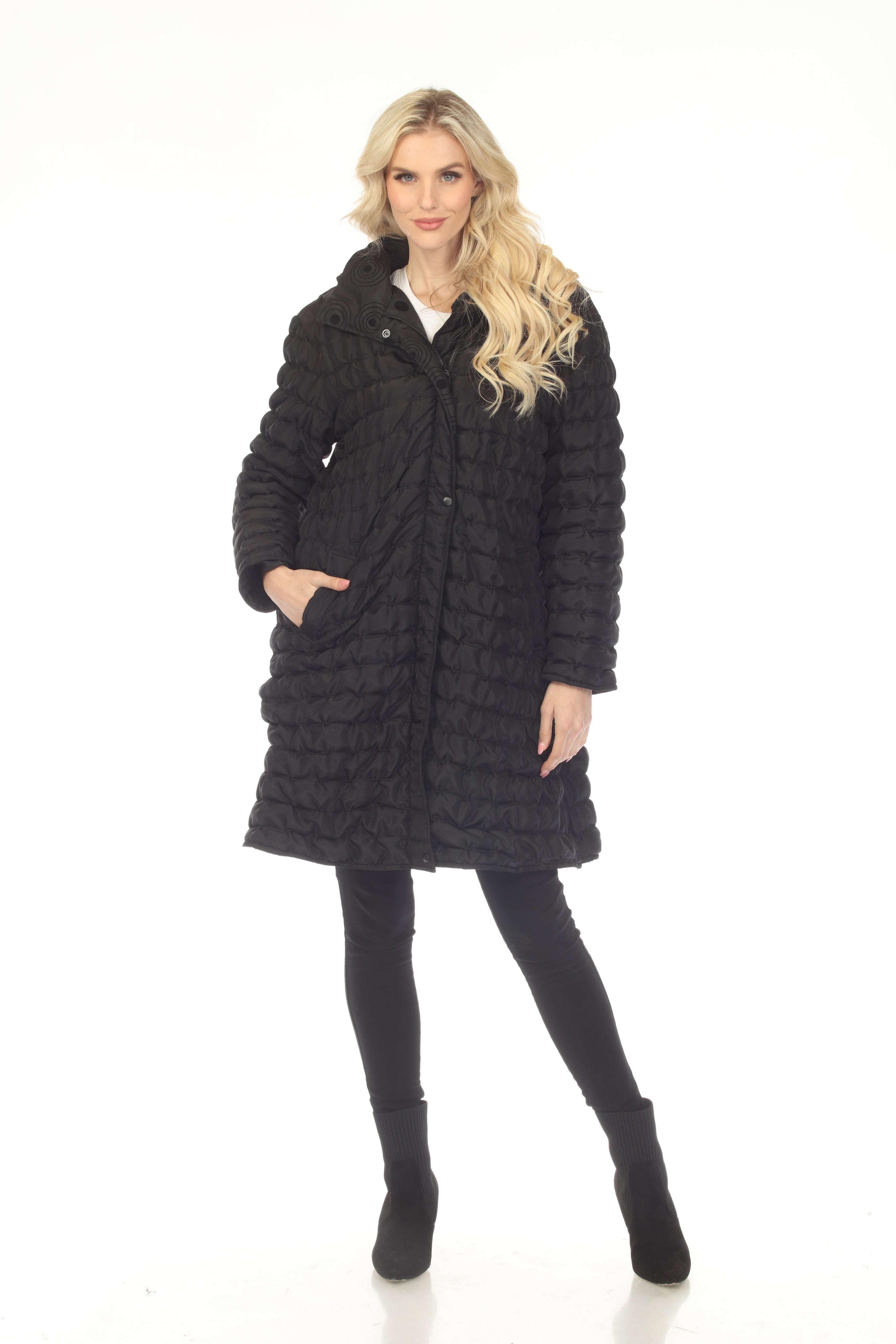 Oopera Reversible Puffer Circular Pattern Long Raincoat - Midnight Black - AJ2616RW-1