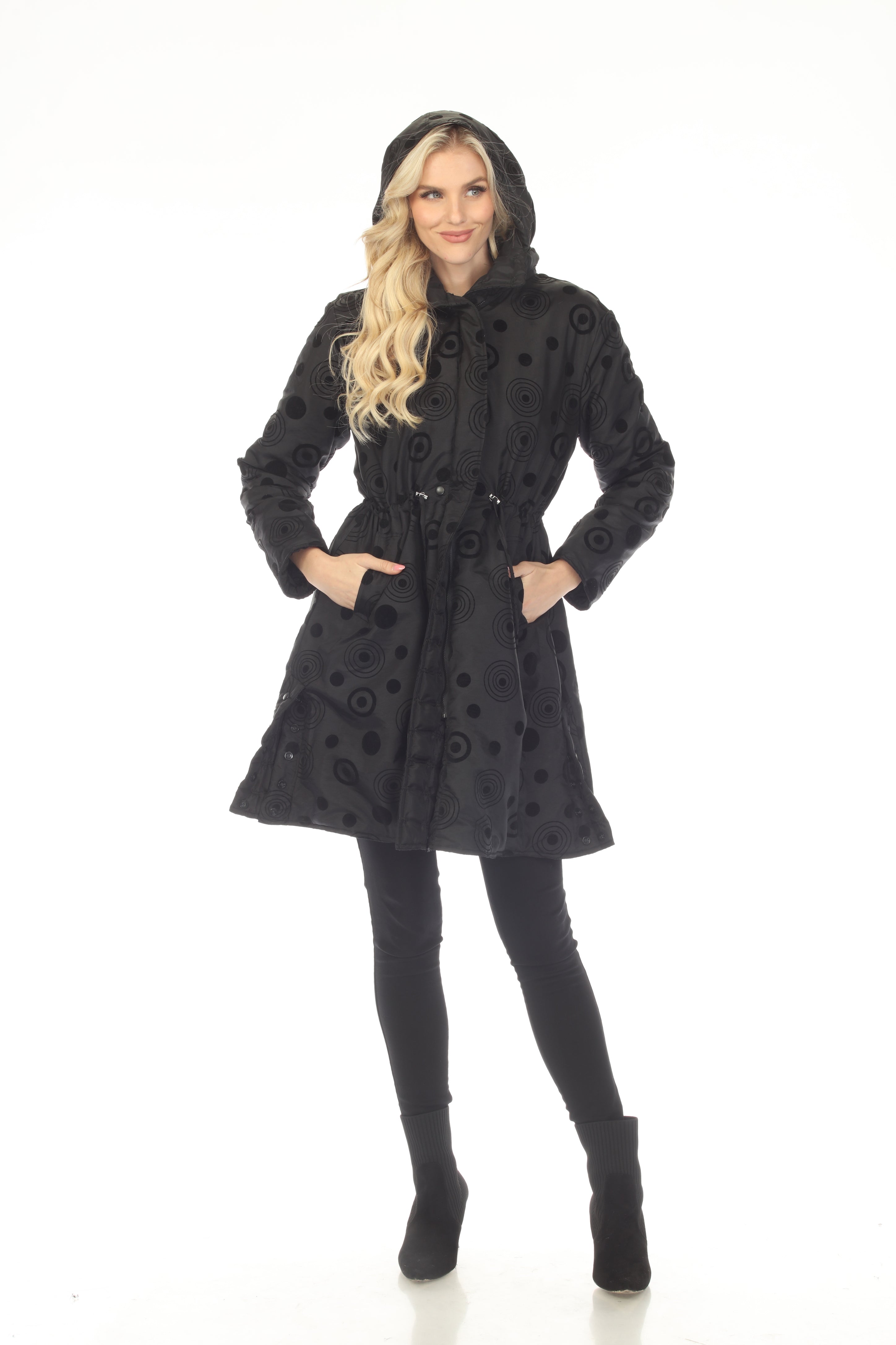 Oopera Reversible Puffer Circular Pattern Long Raincoat - Midnight Black - AJ2616RW-1