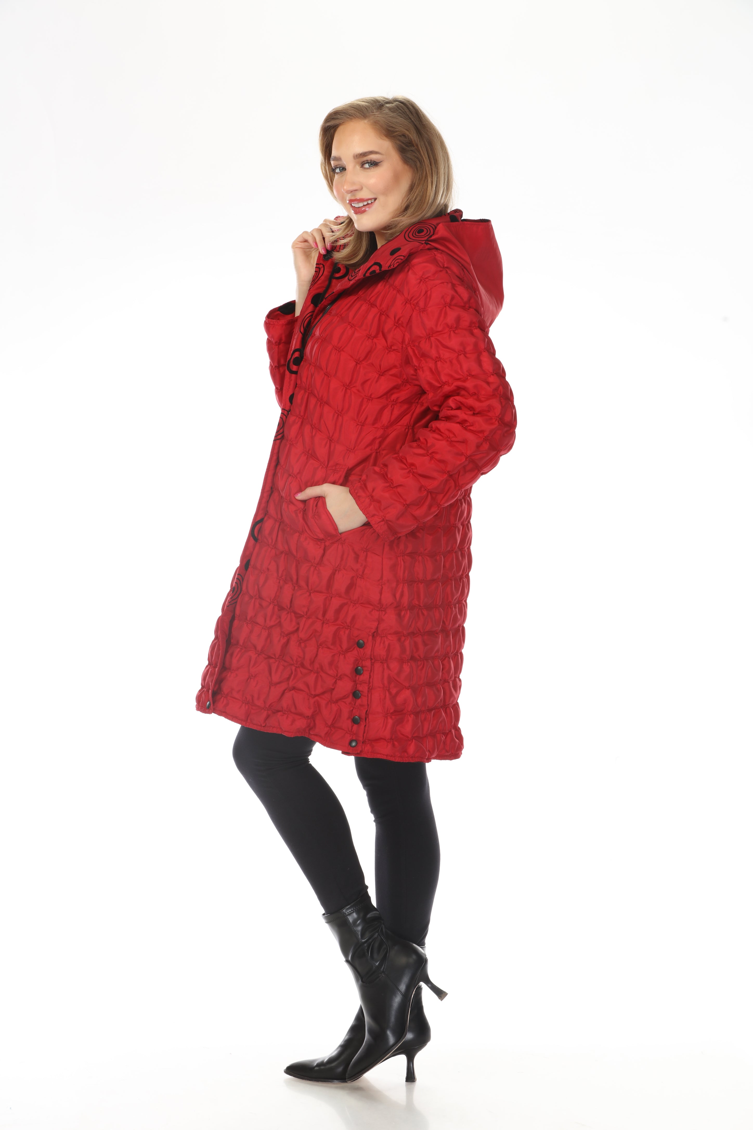 Oopera Reversible Puffer Circular Pattern Long Raincoat - Scarlett Red - AJ2616RW-2