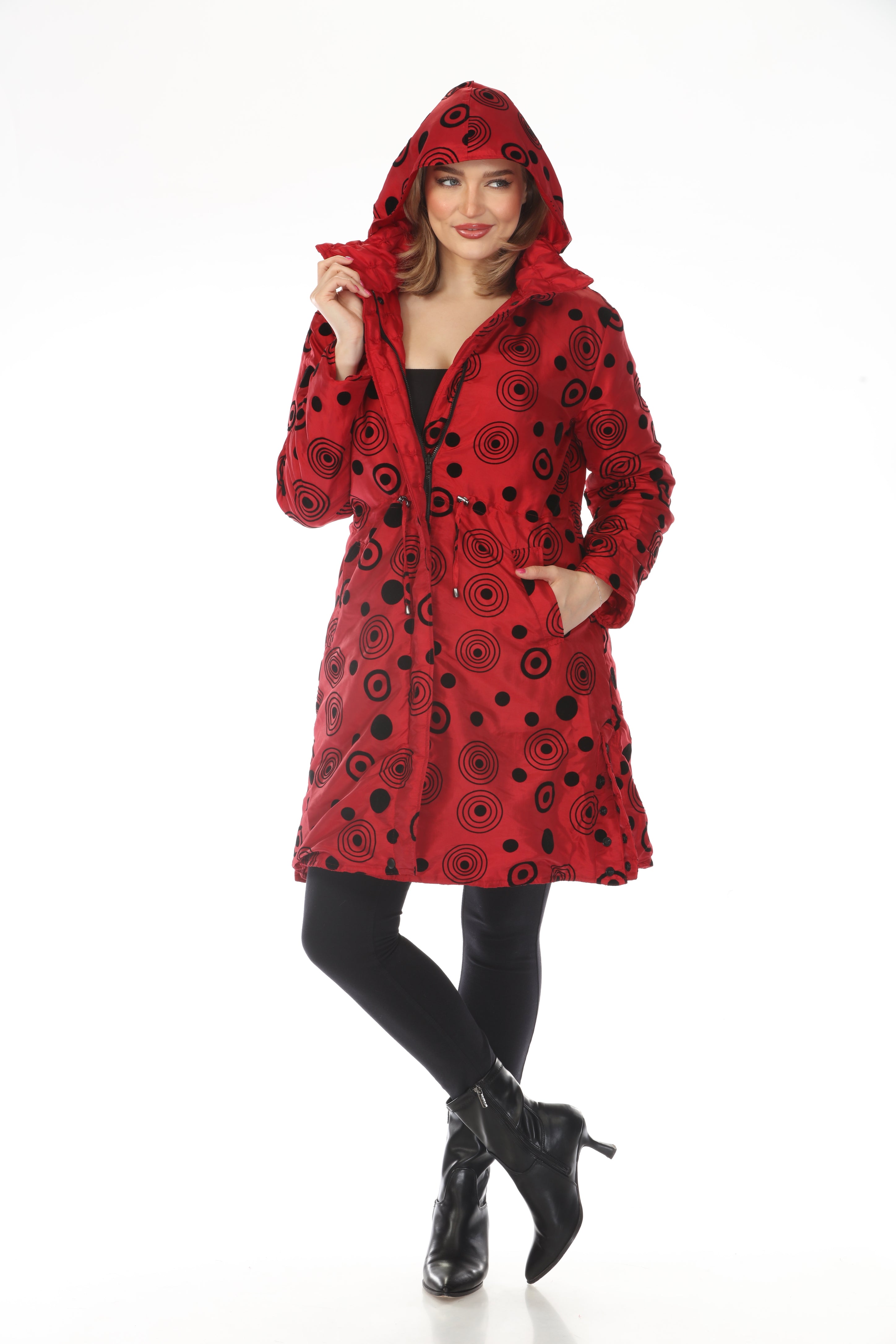 Oopera Reversible Puffer Circular Pattern Long Raincoat - Scarlett Red - AJ2616RW-2