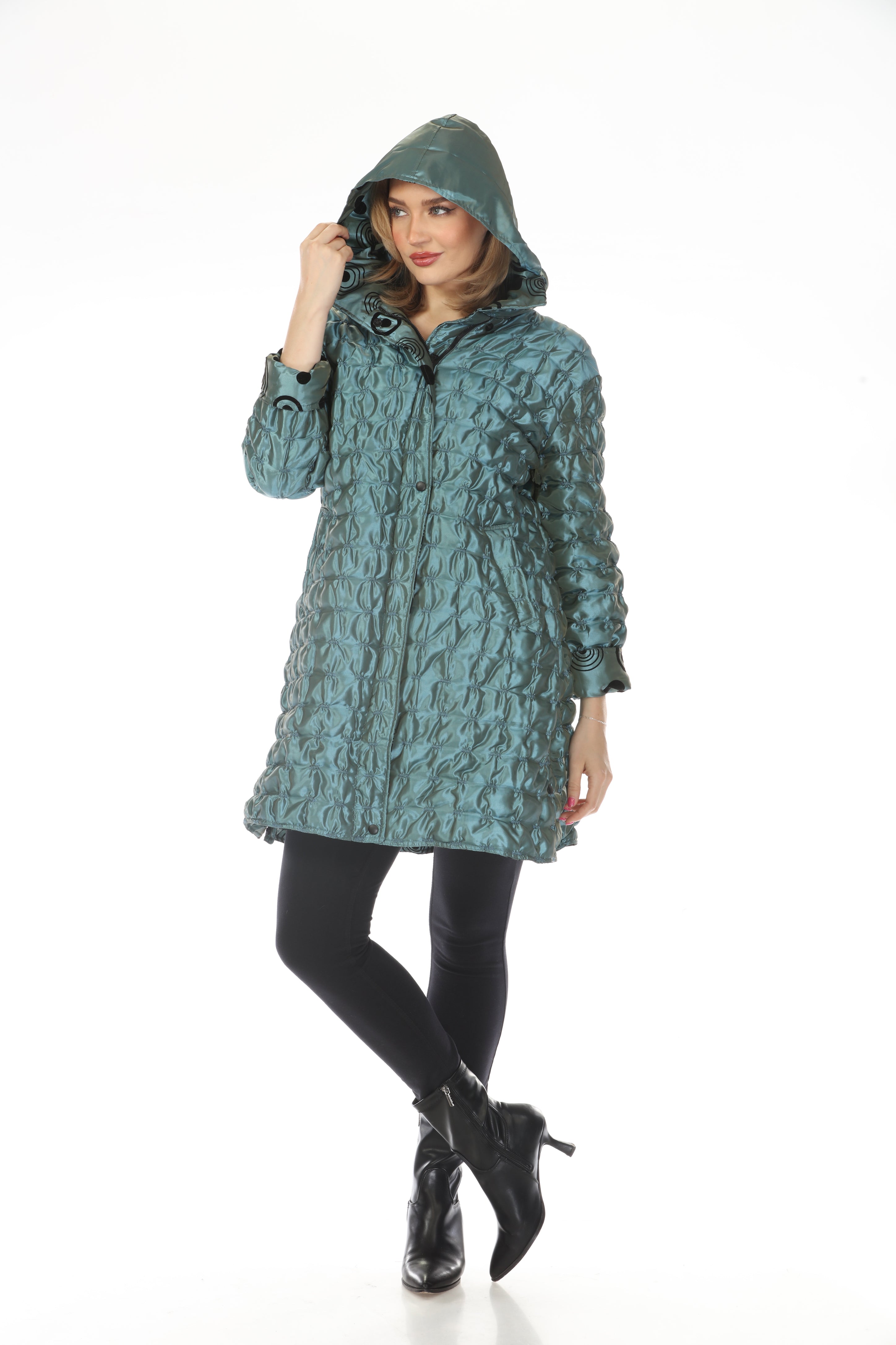Oopera Reversible Puffer Circular Pattern Long Raincoat - Egyptian Teal - AJ2616RW-3
