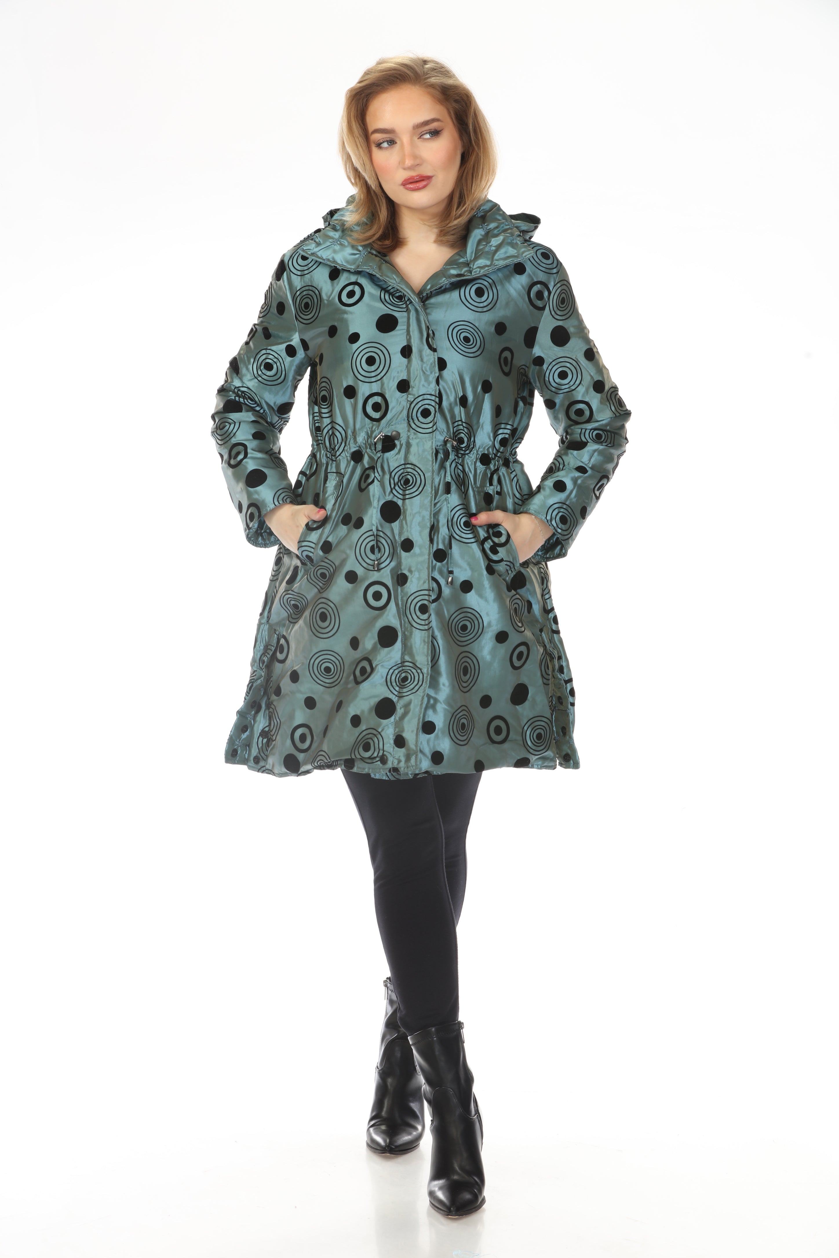 Oopera Reversible Puffer Circular Pattern Long Raincoat - Egyptian Teal - AJ2616RW-3
