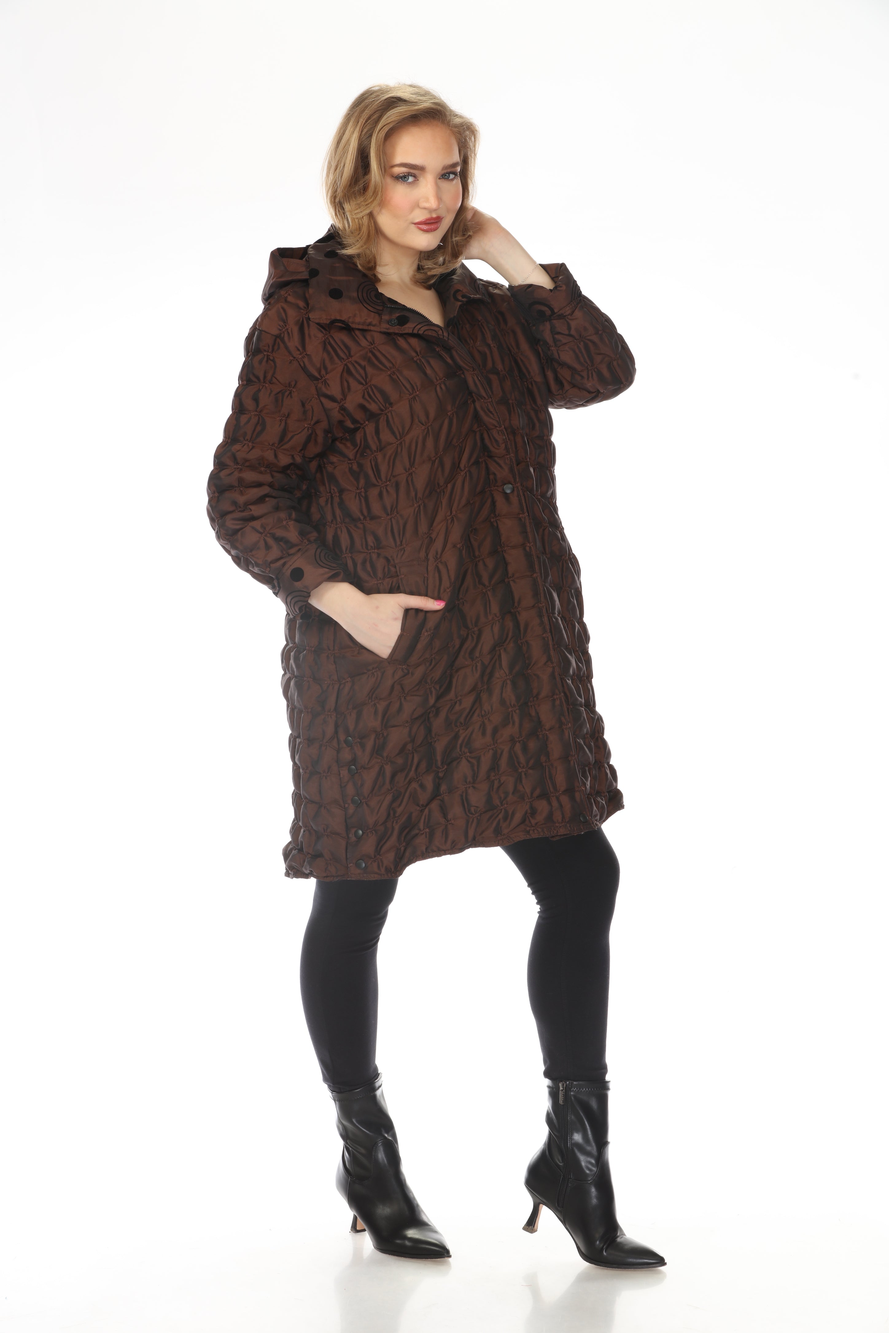 Oopera Reversible Puffer Circular Pattern Long Raincoat - Copper Bronze - AJ2616RW-4