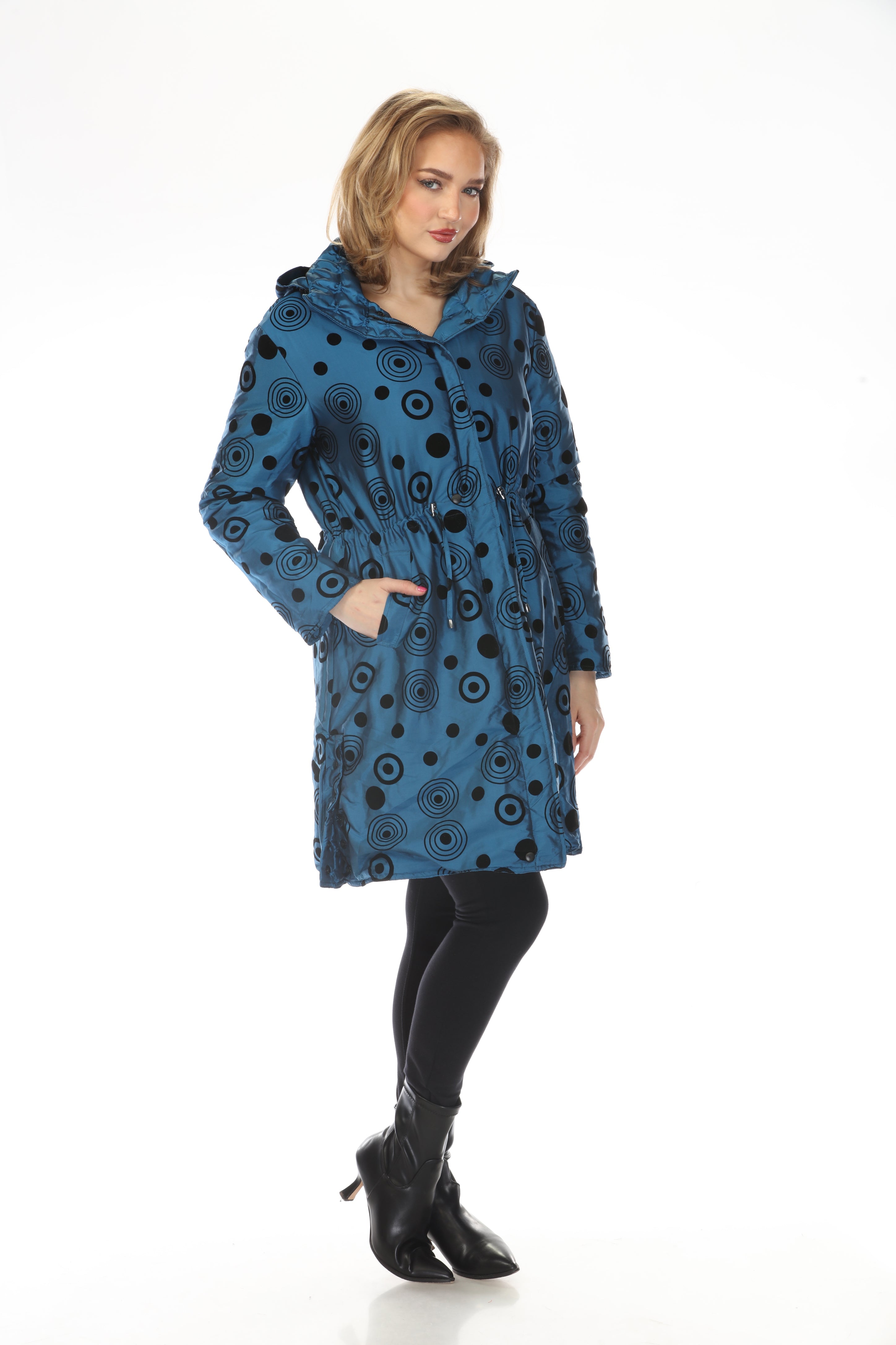 Oopera Reversible Puffer Circular Pattern Long Raincoat - Electric Blue - AJ2616RW-5
