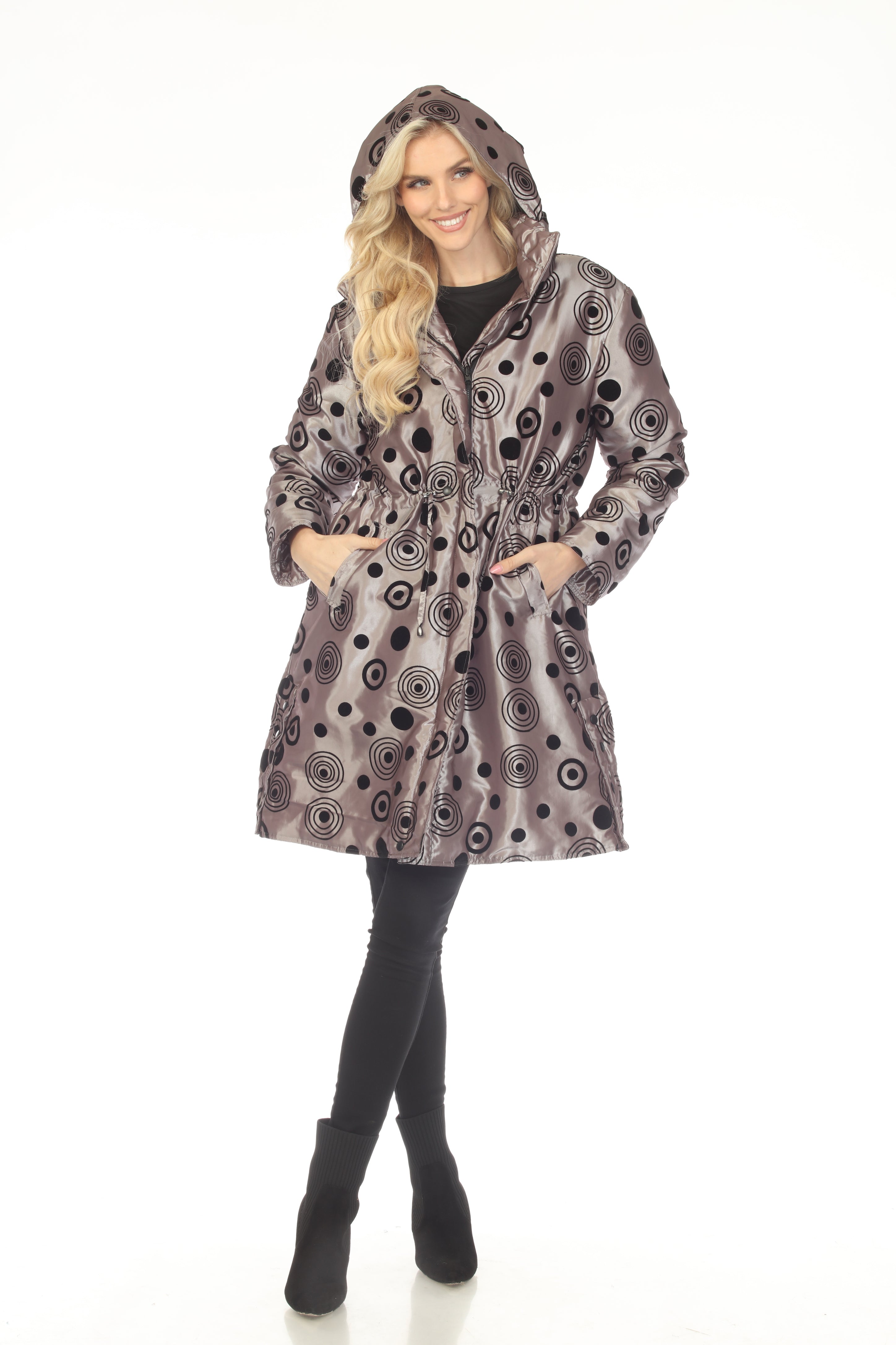 Oopera Reversible Puffer Circular Pattern Long Raincoat - Steel Gray - AJ2616RW-6