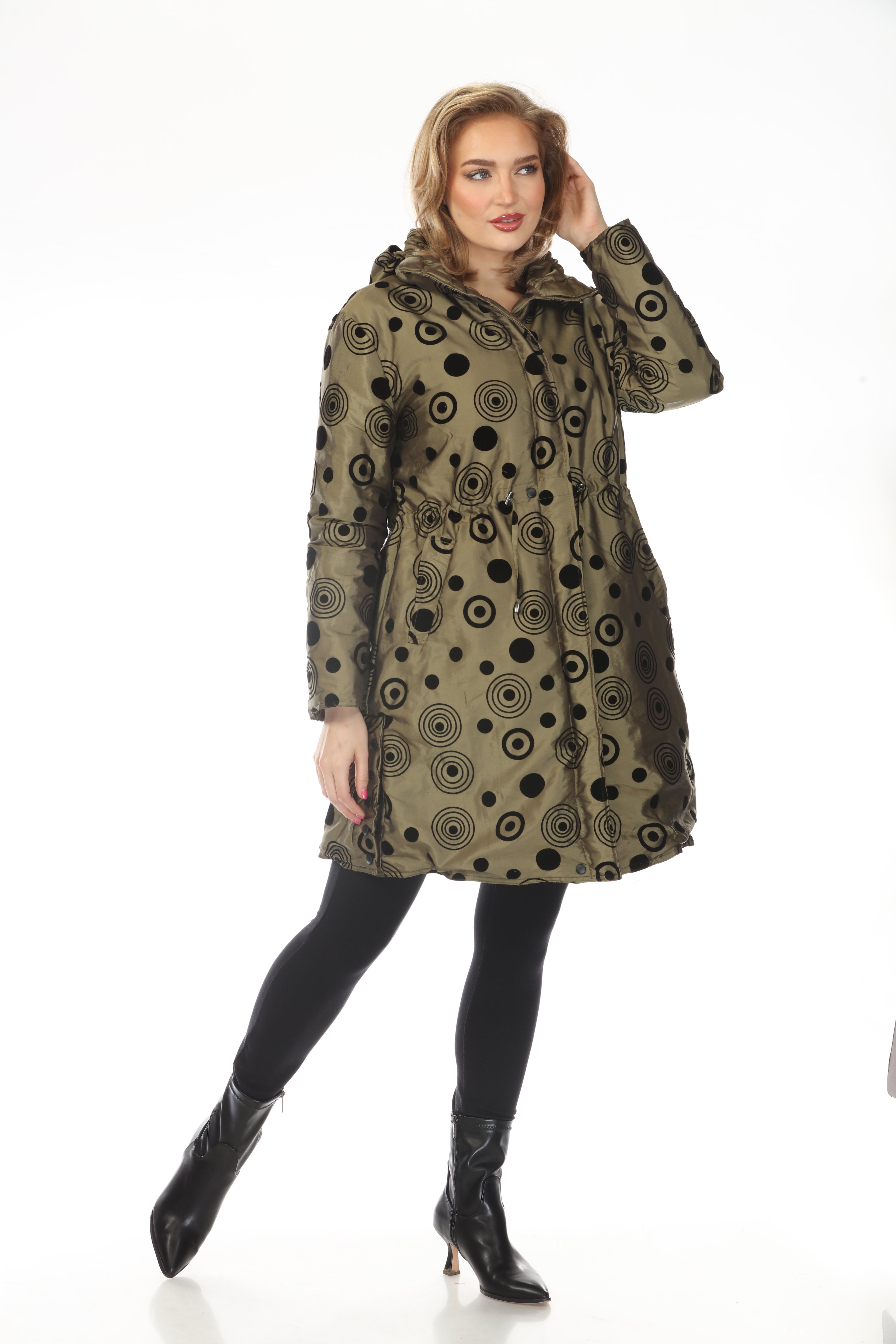 Oopera Reversible Puffer Circular Pattern Long Raincoat - Autumn Gold - AJ2616RW-7
