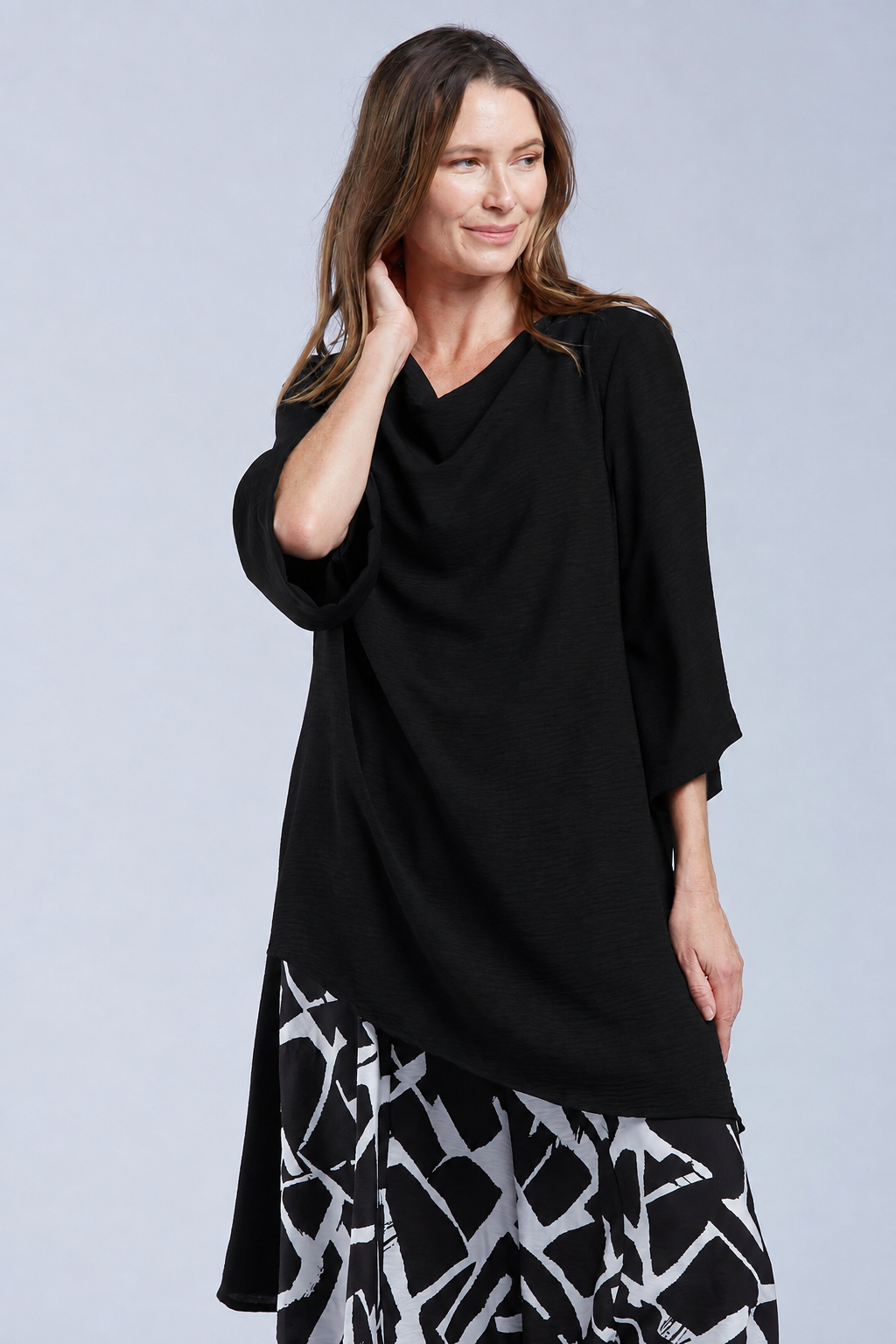 Sydney Project Ann Long Hi-Low 1/2 Sleeve Flowy Top - AFT1159 - BLACK