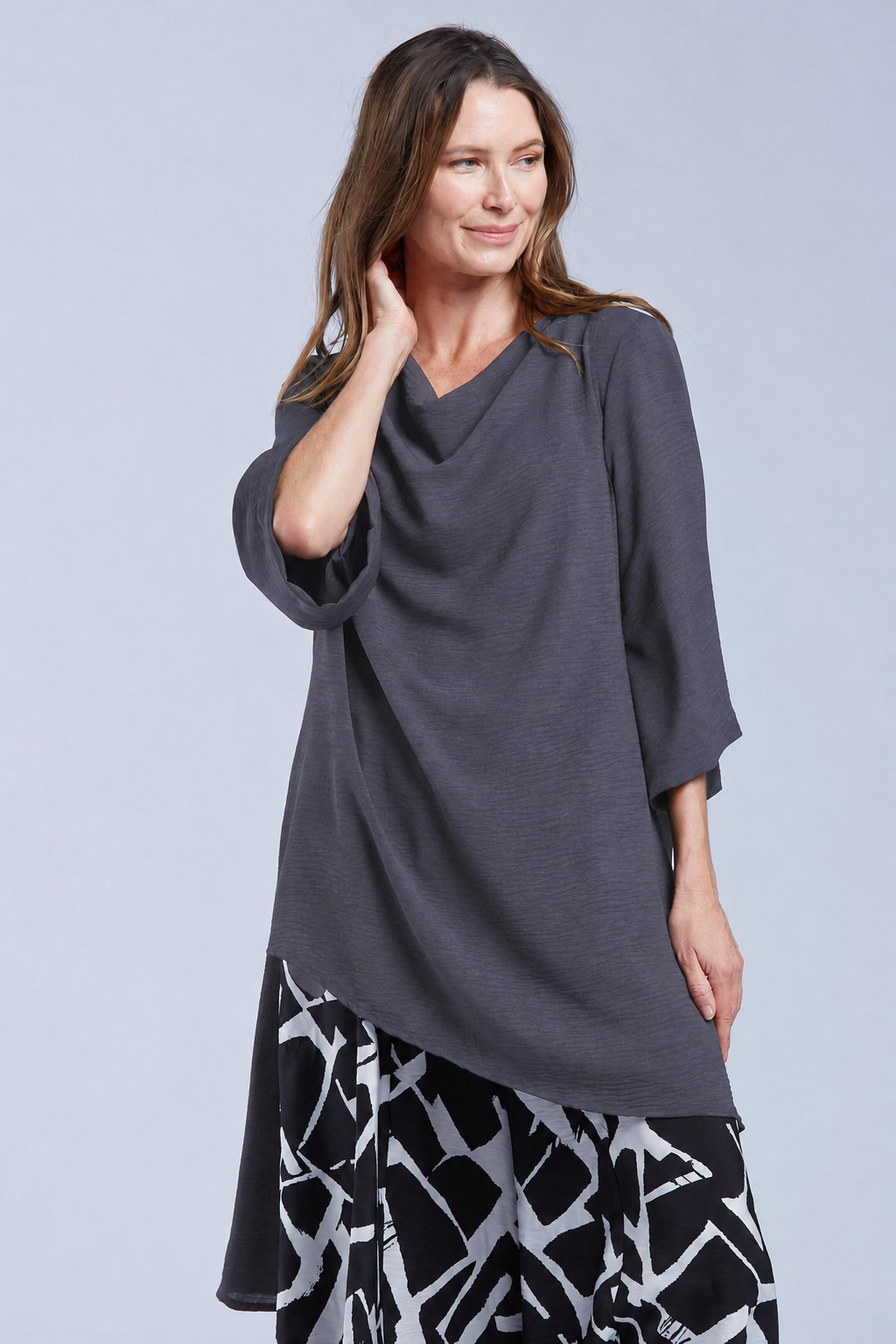 Sydney Project Ann Long Hi-Low 1/2 Sleeve Flowy Top - AFT1159 - CHARCOAL