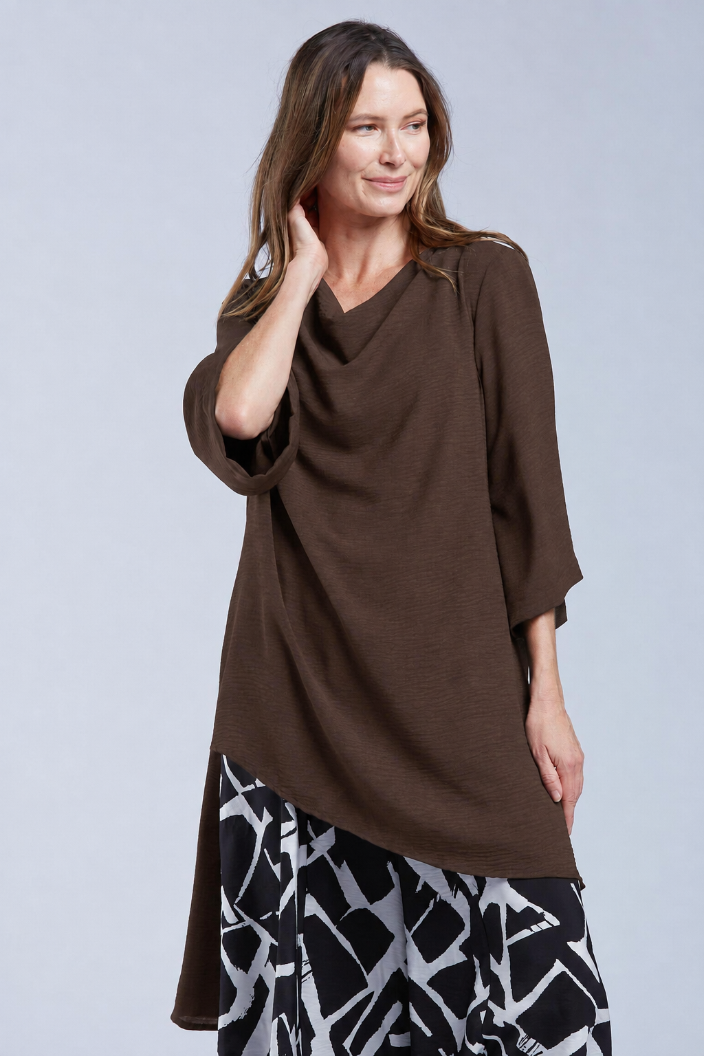 Sydney Project Ann Long Hi-Low 1/2 Sleeve Flowy Top - AFT1159 - CHOCOLATE