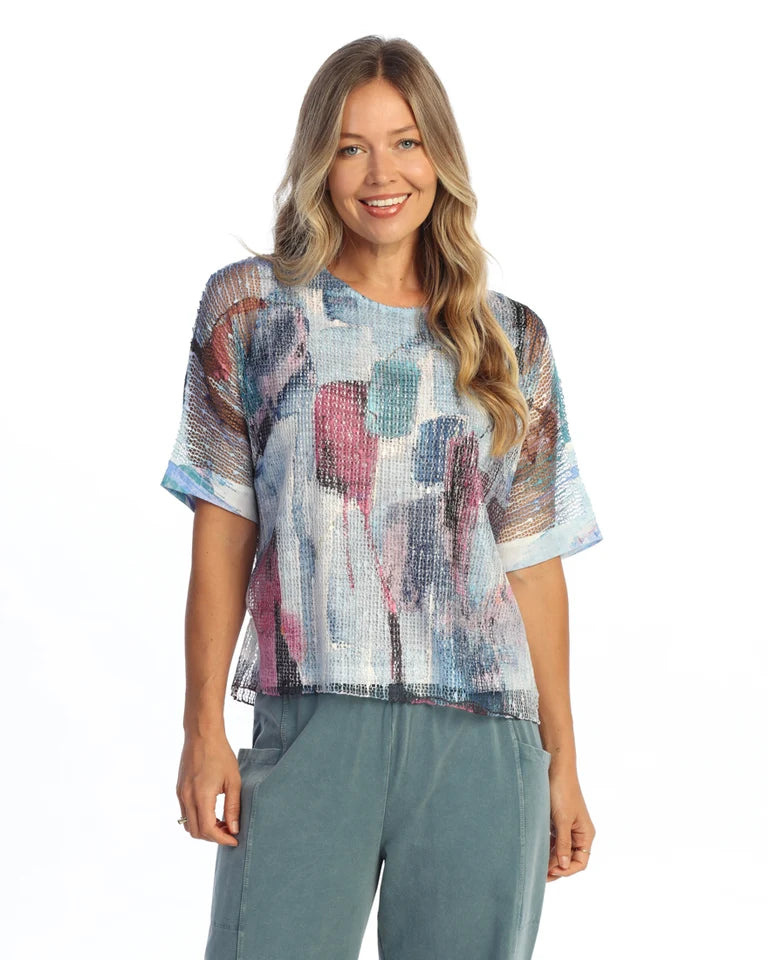 JESS & JANE Layered Boucle Mesh Tunic Top w/ Burnout Lining - BC9-2325 - LAGUNA