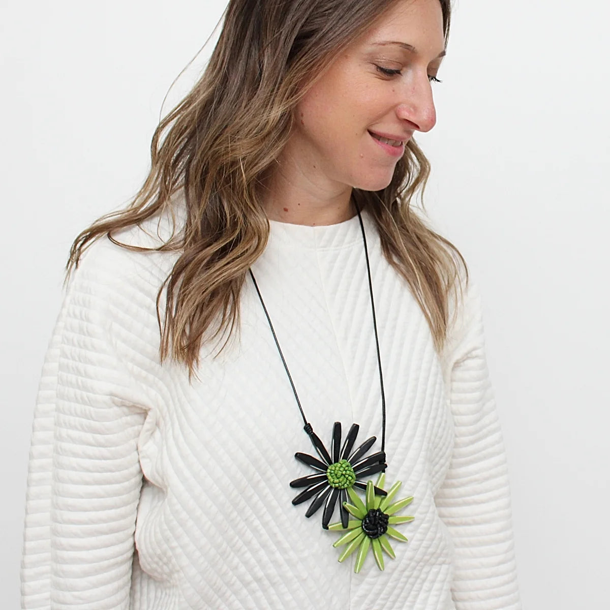 SYLCA Black and Green Amaya Double Flower Statement Necklace - BP21N16 - GREEN