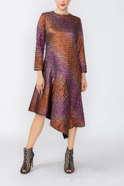 IC COLLECTION Asymmetric Long Sleeve Dress - C1246D - ORANGE AND FUCHSIA