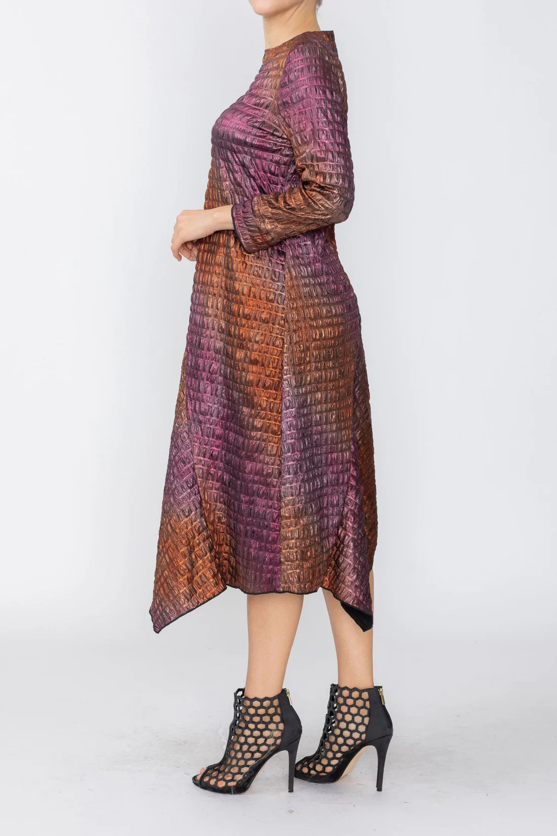 IC COLLECTION Asymmetric Long Sleeve Dress - C1246D - ORANGE AND FUCHSIA