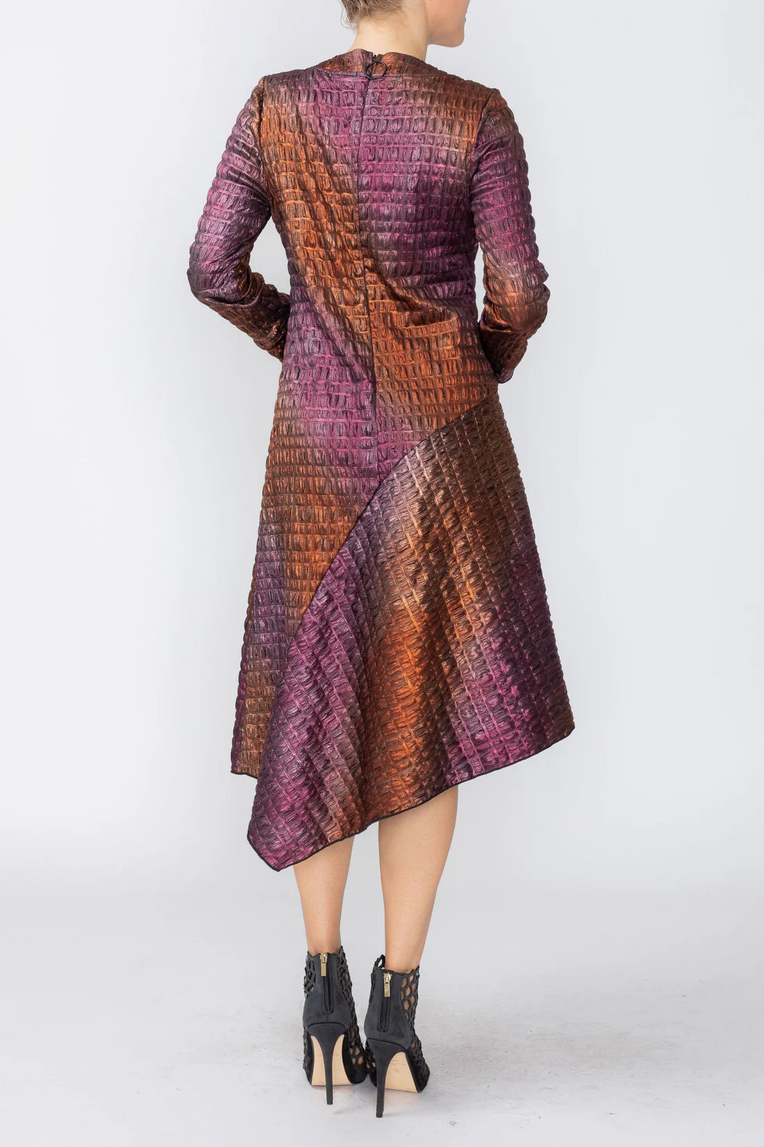 IC COLLECTION Asymmetric Long Sleeve Dress - C1246D - ORANGE AND FUCHSIA