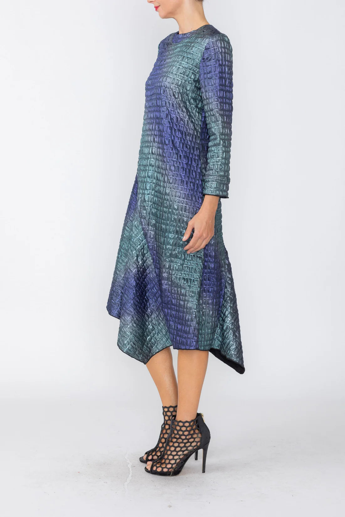IC COLLECTION Asymmetric Long Sleeve Dress - C1246D - PURPLE AND TEAL