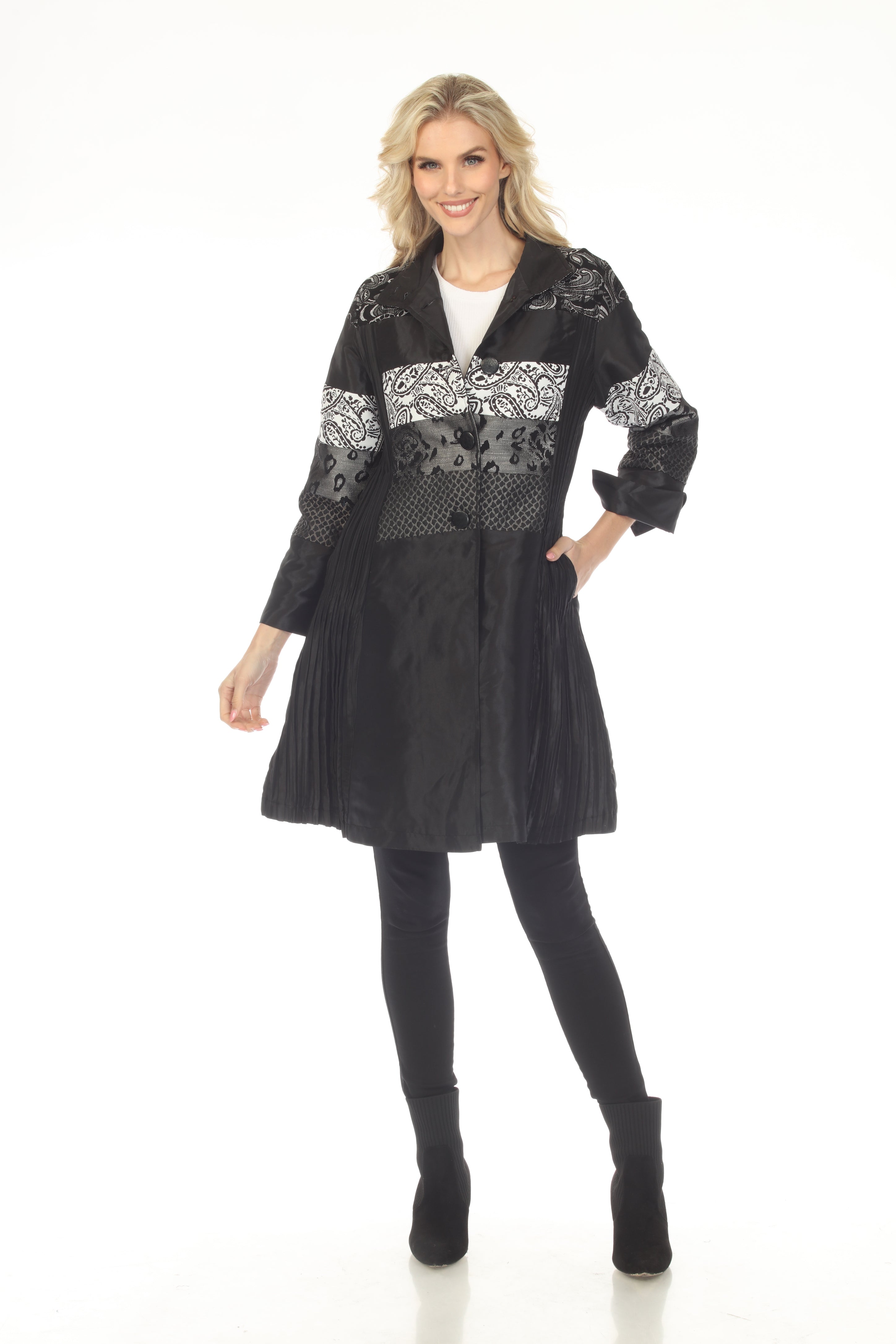Oopera Button Front Mixed Media Long Raincoat - Midnight Black - C2648-1
