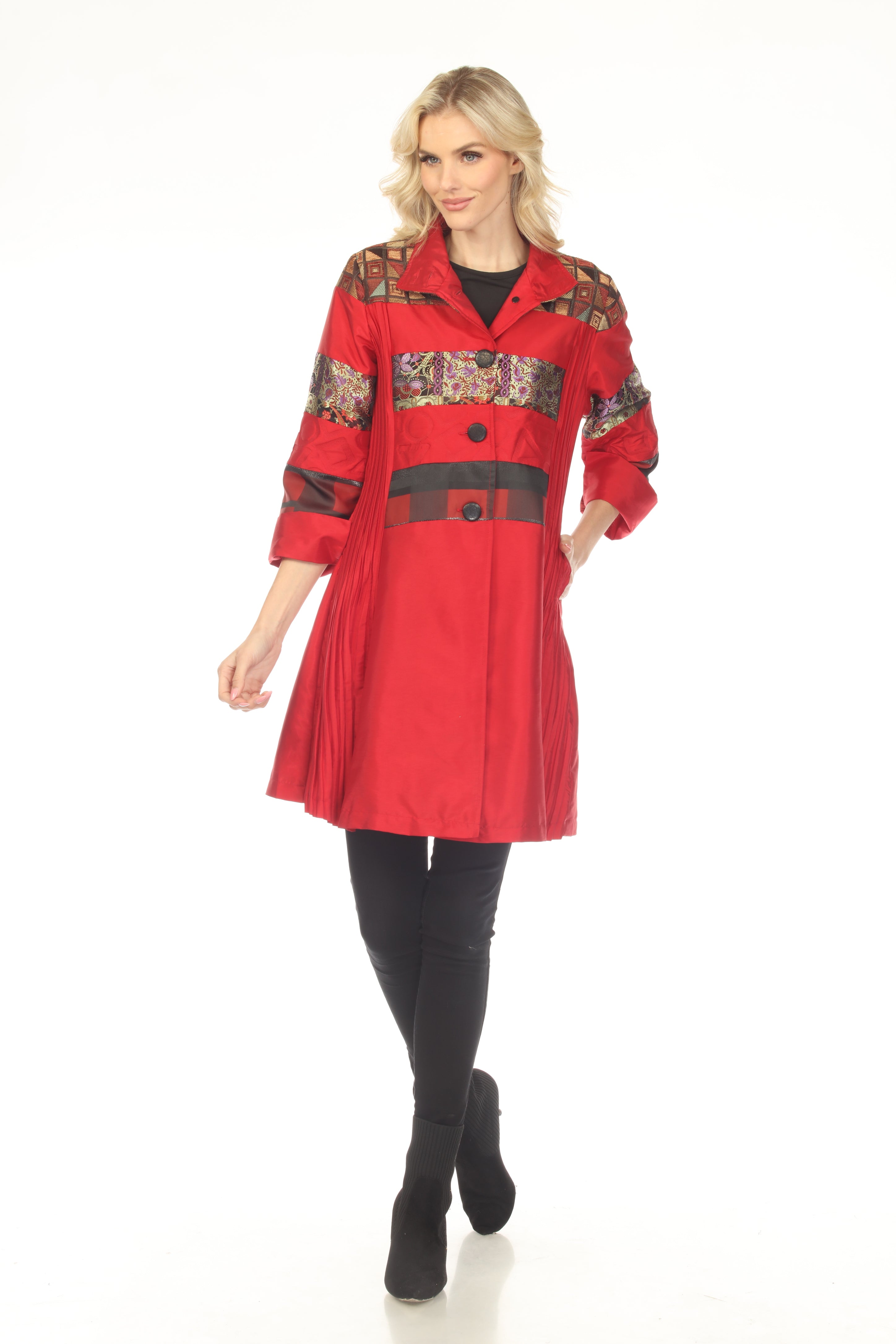 Oopera Button Front Mixed Media Long Raincoat - Scarlett Red - C2648-2