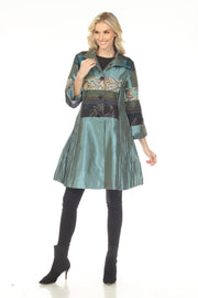 Oopera Button Front Mixed Media Long Raincoat - Egyptian Teal - C2648-3