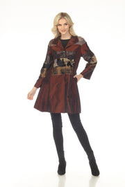 Oopera Button Front Mixed Media Long Raincoat - Copper Bronze - C2648-4
