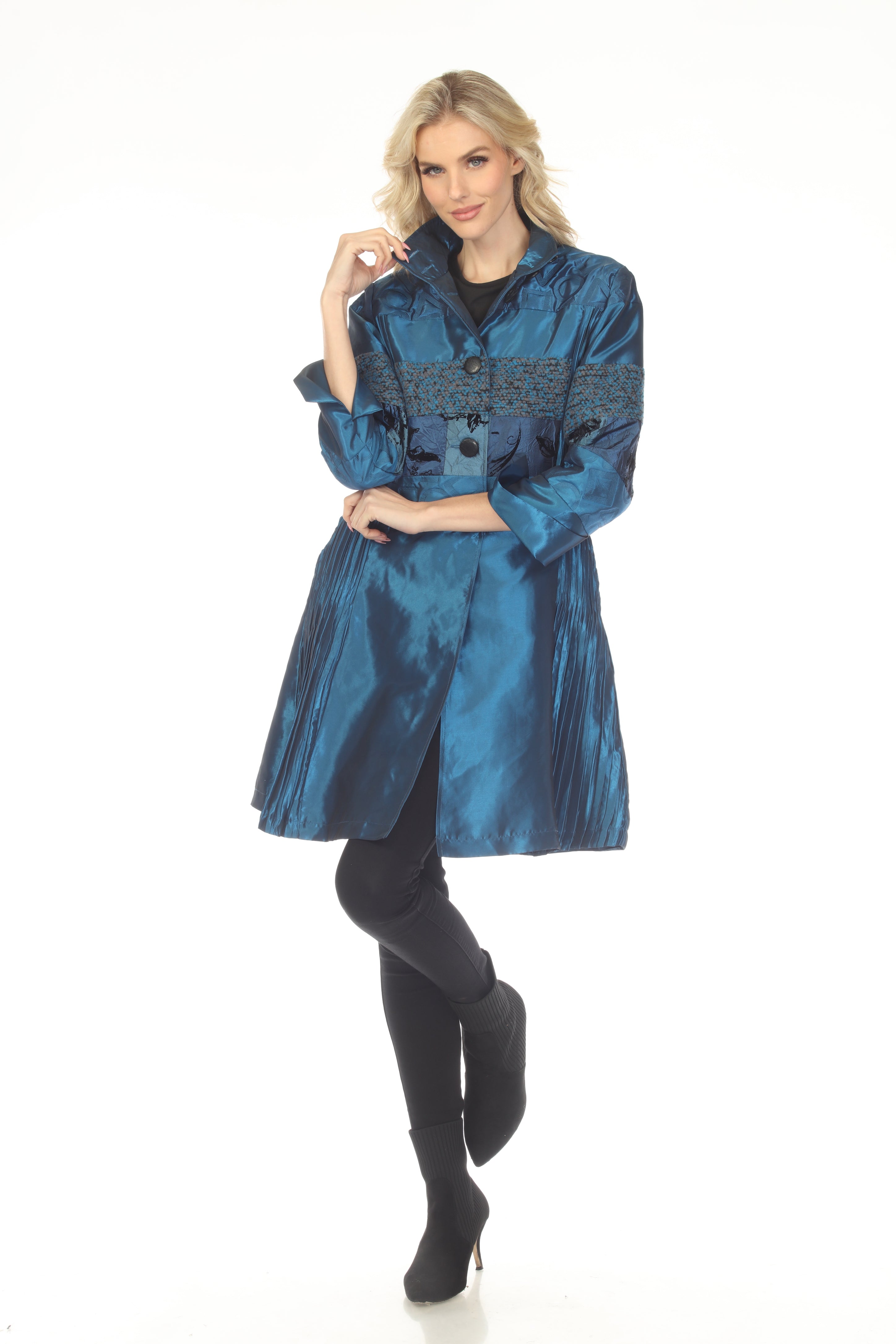 Oopera Button Front Mixed Media Long Raincoat - Electric Blue - C2648-5