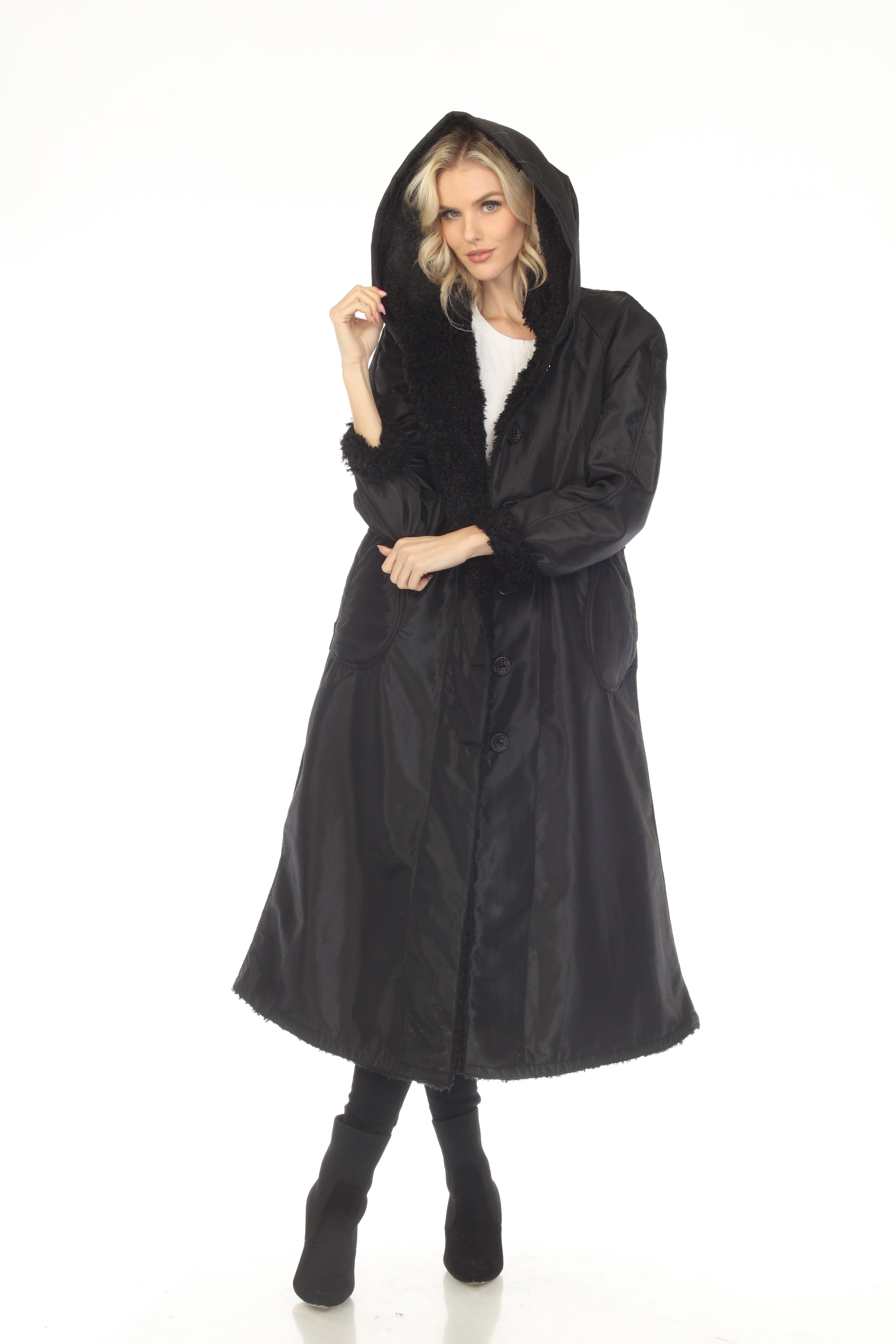Oopera Reversible Button Front Long Lined Raincoat - Midnight Black - C2679RW-1