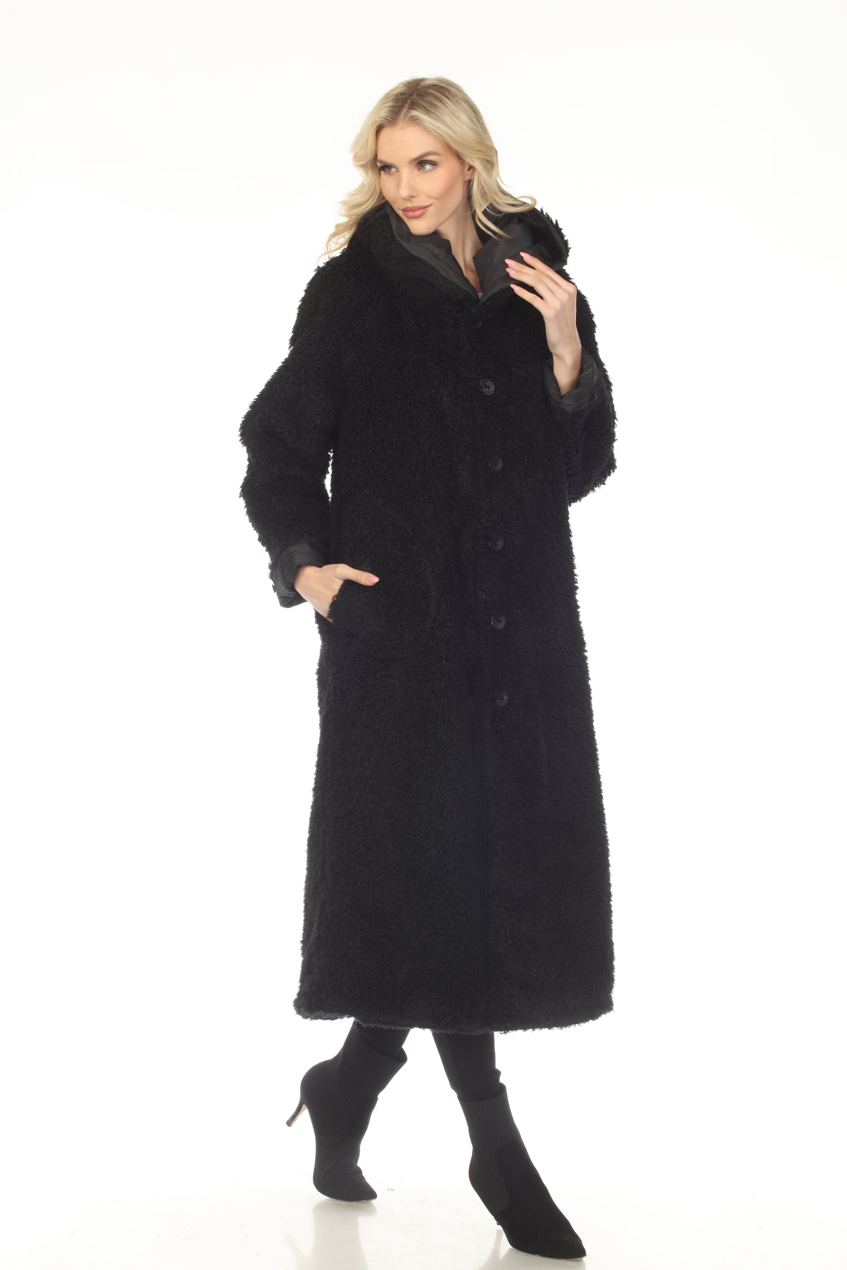 Oopera Reversible Button Front Long Lined Raincoat - Midnight Black - C2679RW-1