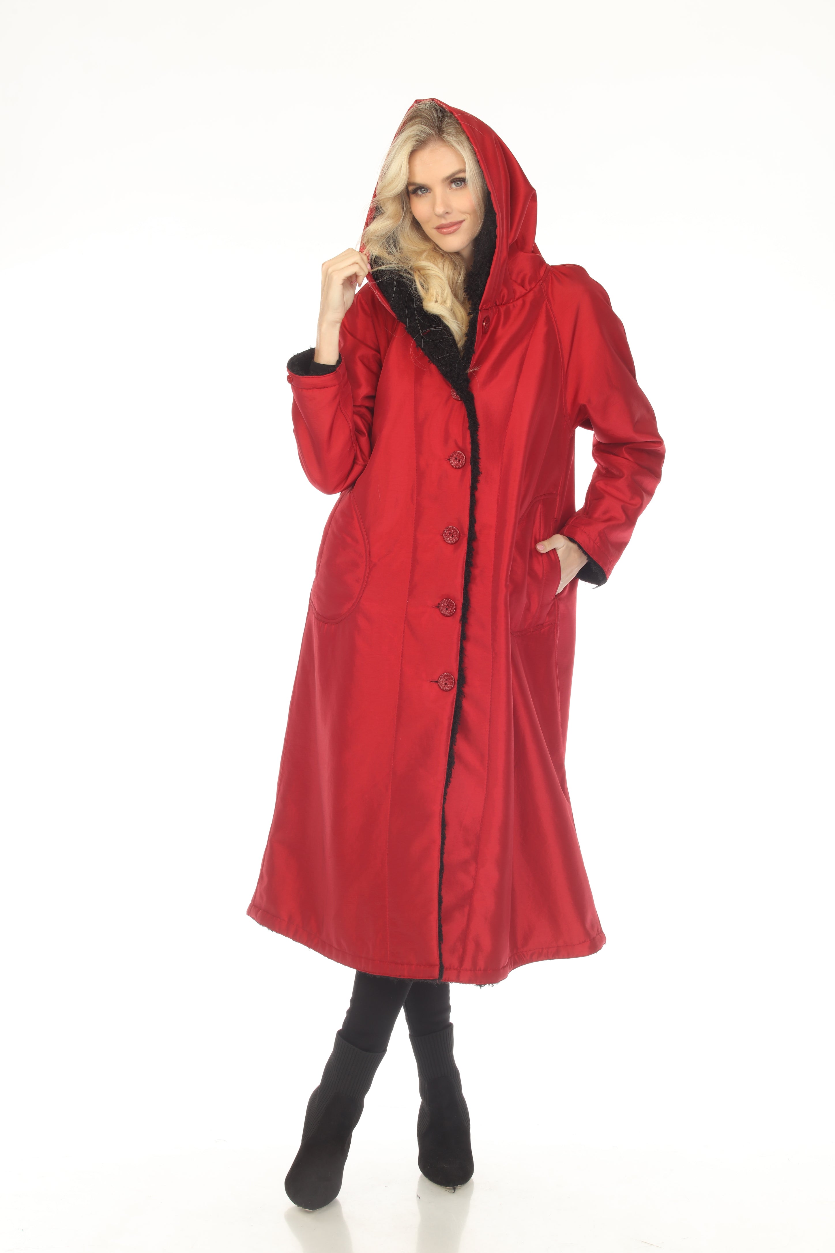 Oopera Reversible Button Front Long Lined Raincoat - Scarlett Red - C2679RW-2