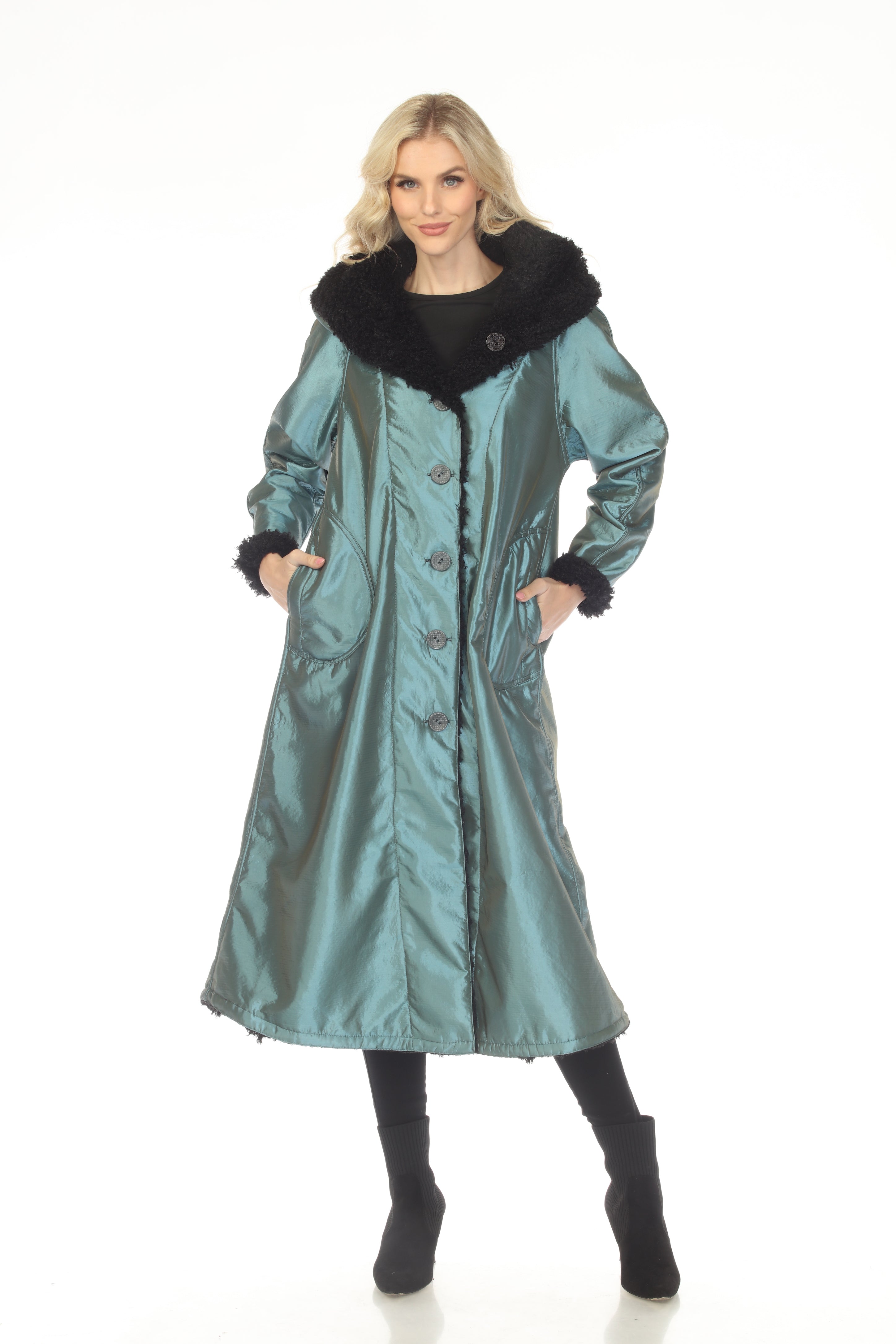 Oopera Reversible Button Front Long Lined Raincoat - Egyptian Teal - C2679RW-3