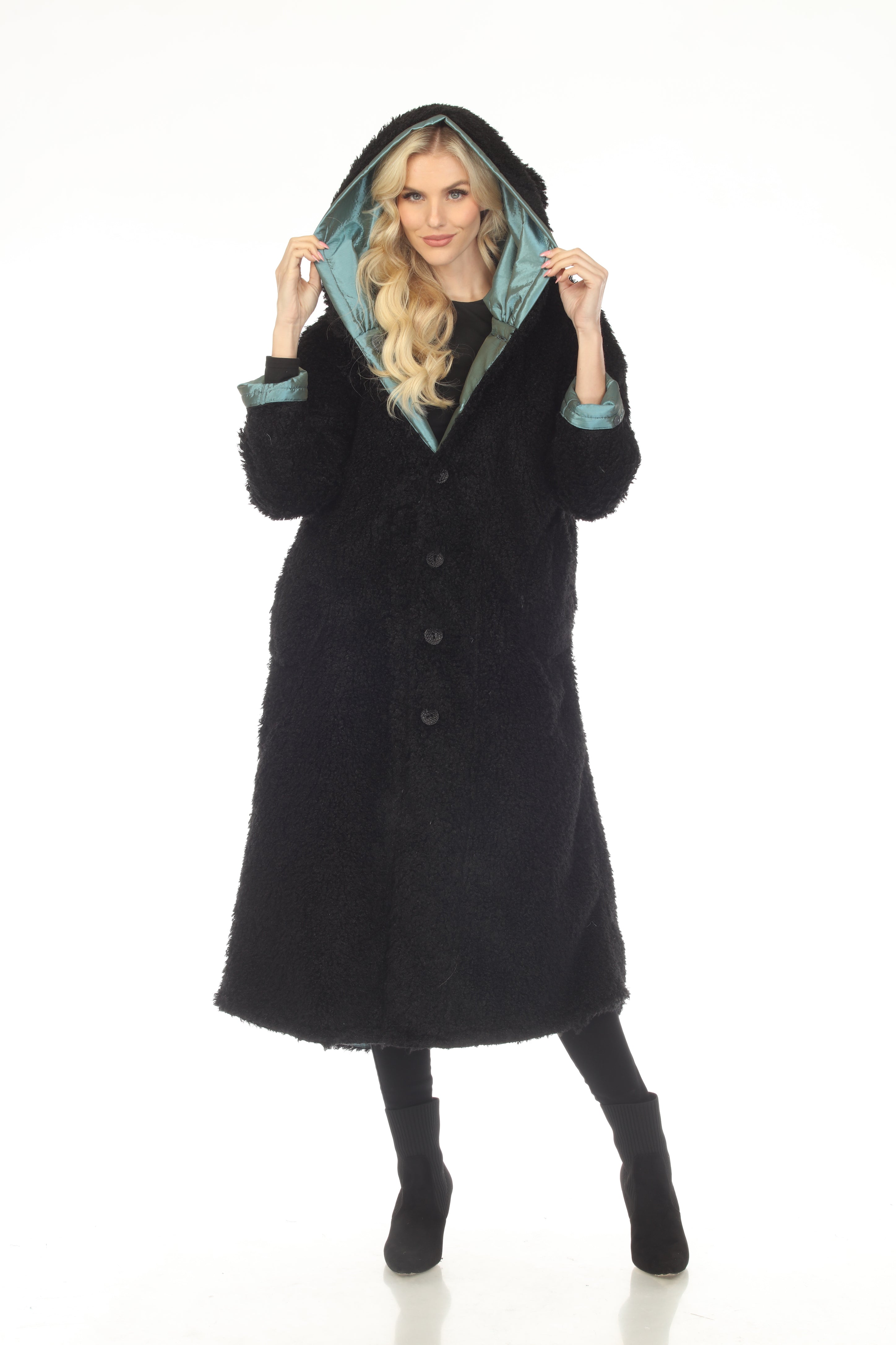 Oopera Reversible Button Front Long Lined Raincoat - Egyptian Teal - C2679RW-3