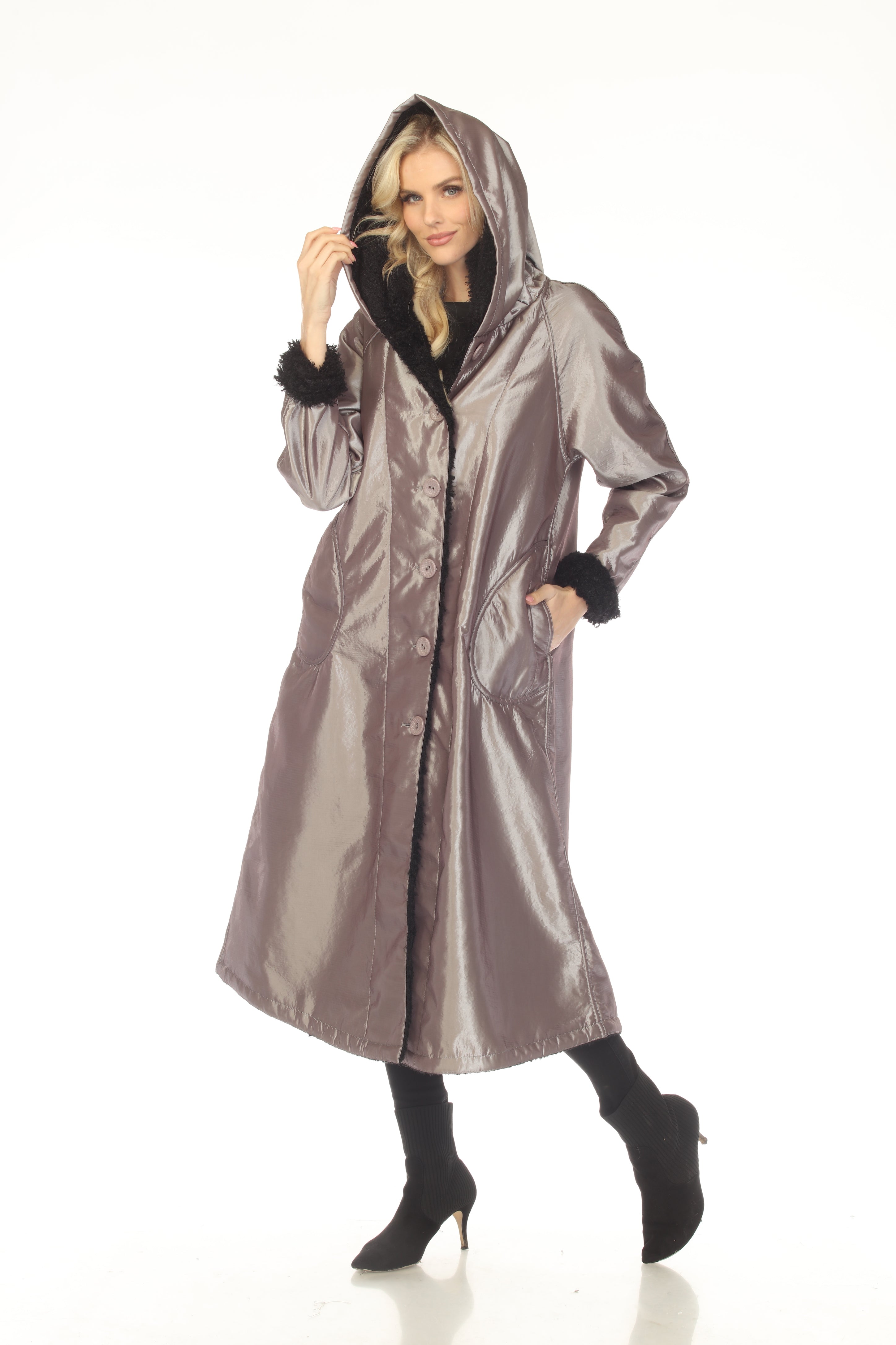 Oopera Reversible Button Front Long Lined Raincoat - Steel Gray - C2679RW-6