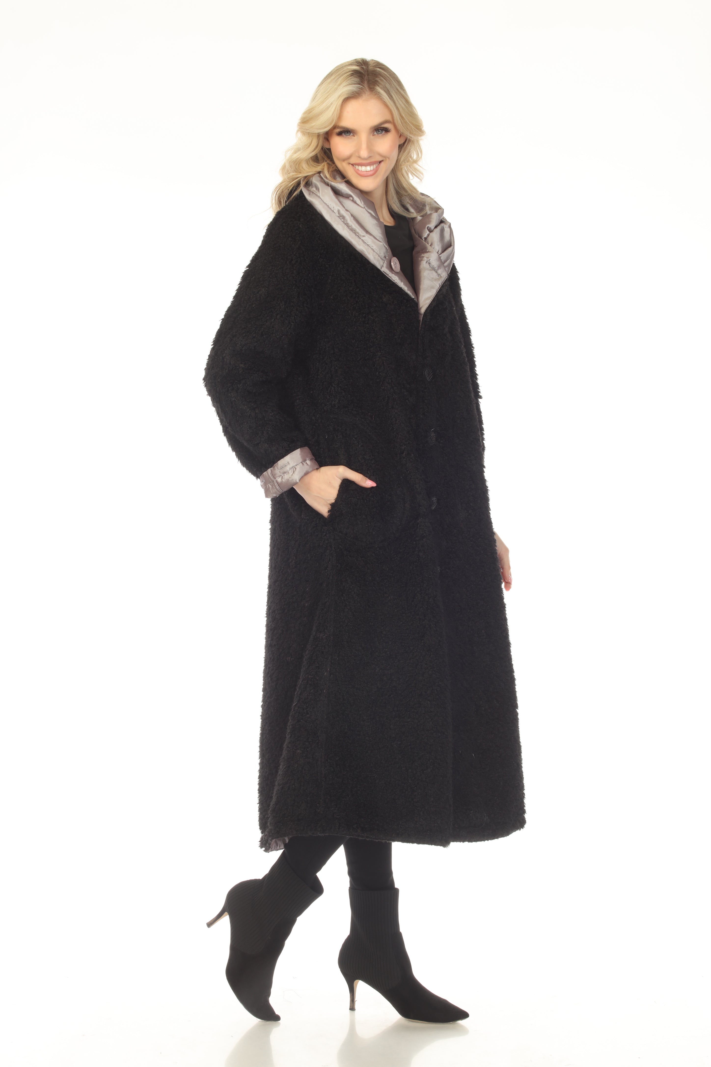 Oopera Reversible Button Front Long Lined Raincoat - Steel Gray - C2679RW-6