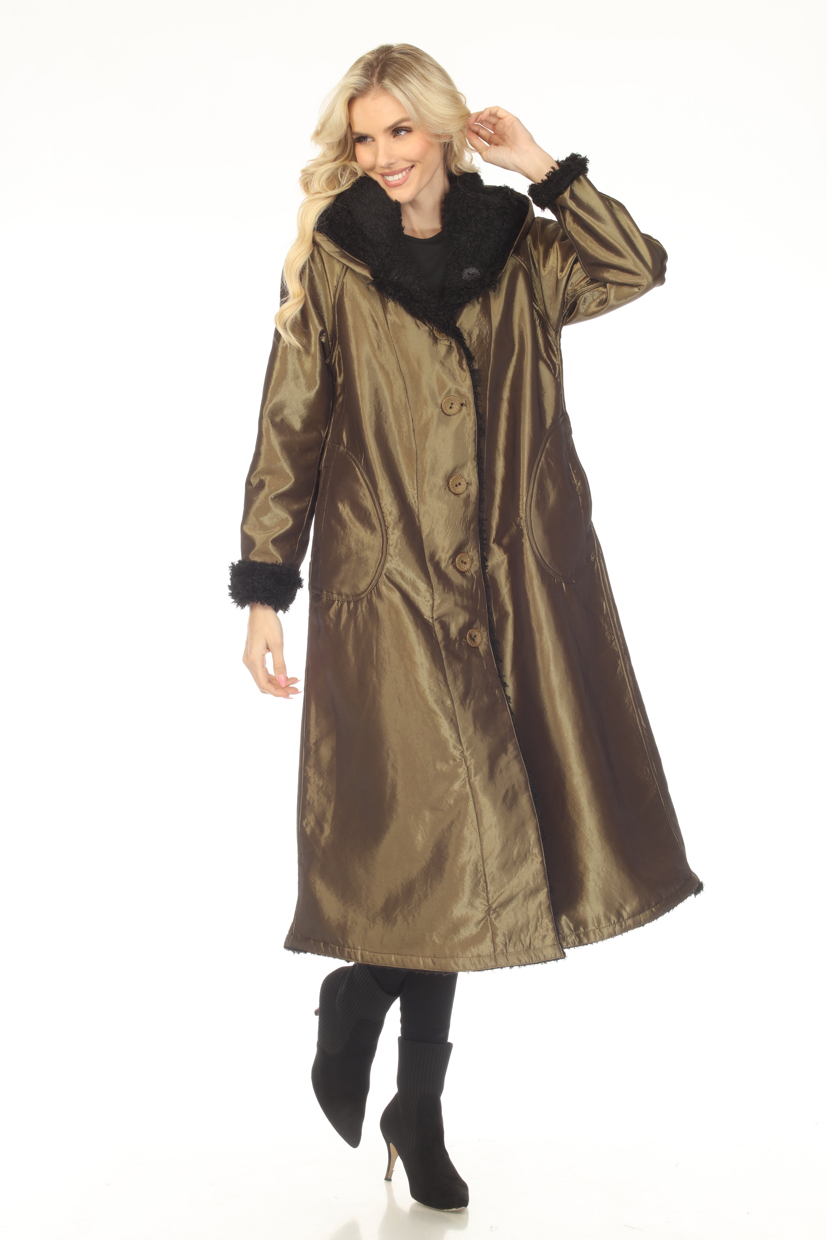 Oopera Reversible Button Front Long Lined Raincoat - Autumn Gold - C2679RW-7