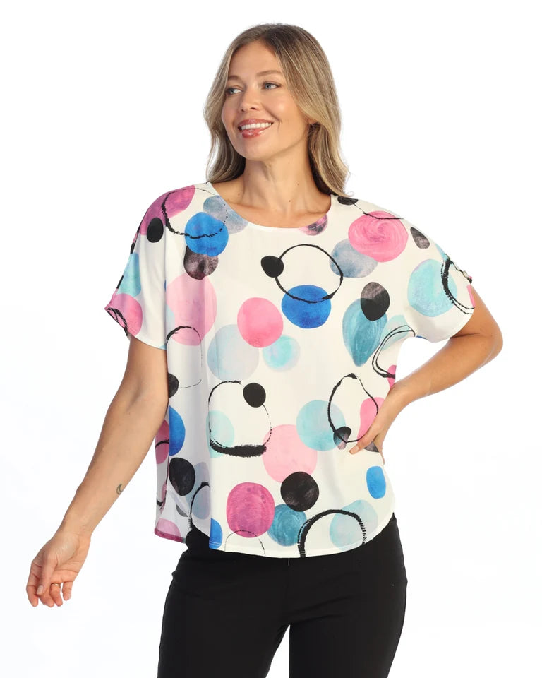 JESS & JANE Bubble Crepe Top w/ Mix-Match Back Panel & Sleeve Button Accents - CD1-2289 - BUBBLY