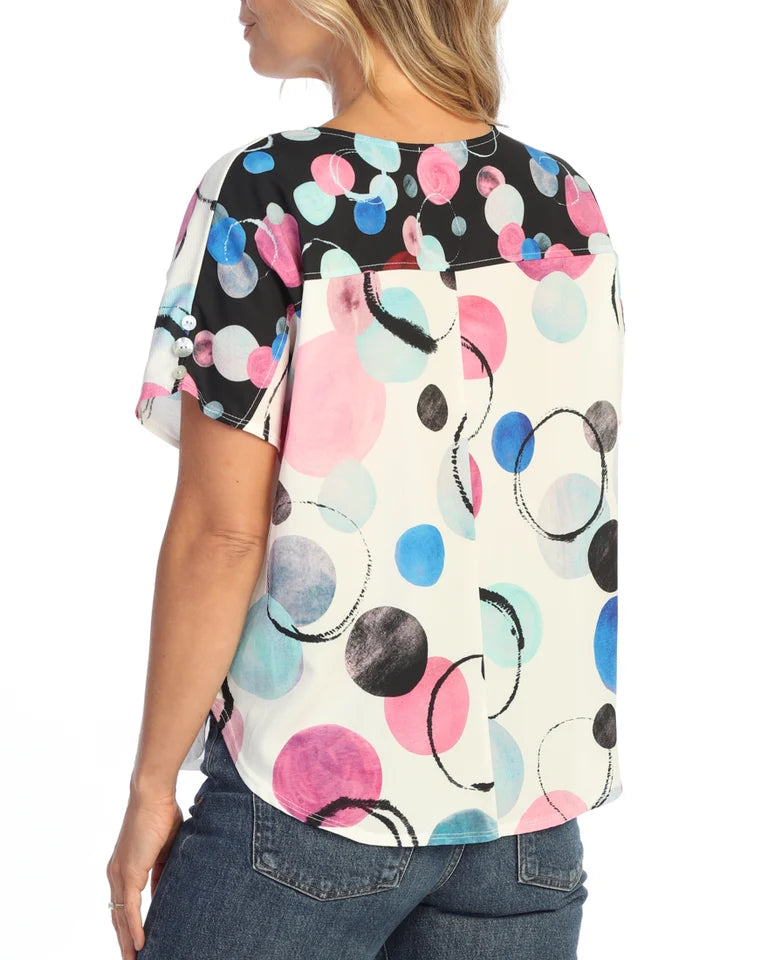 JESS & JANE Bubble Crepe Top w/ Mix-Match Back Panel & Sleeve Button Accents - CD1-2289 - BUBBLY