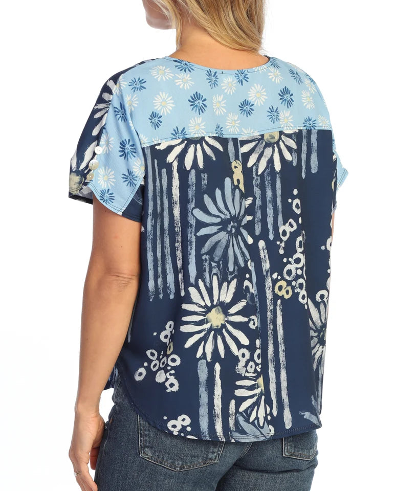 JESS & JANE Bubble Crepe Top w/ Mix-Match Back Panel & Sleeve Button Accents - CD1-2301 - UPSY DAISY