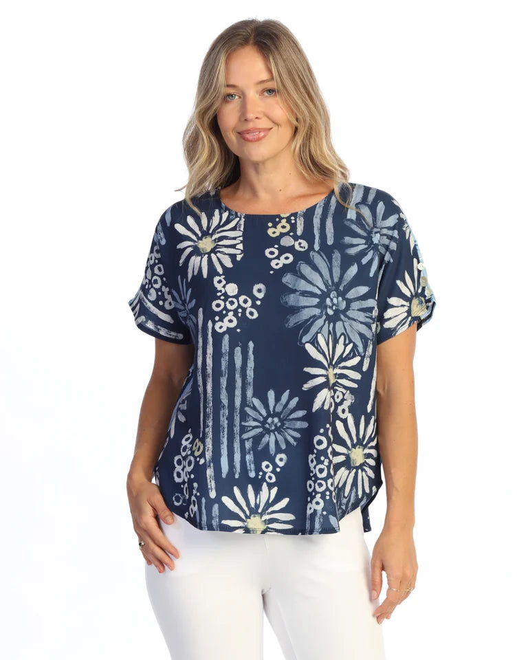 JESS & JANE Bubble Crepe Top w/ Mix-Match Back Panel & Sleeve Button Accents - CD1-2301 - UPSY DAISY