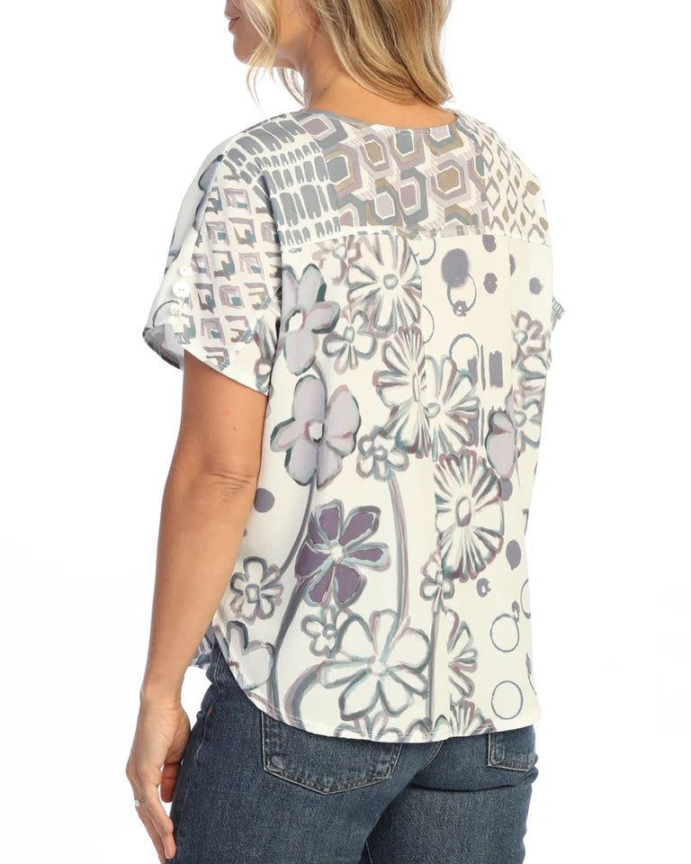 JESS & JANE Bubble Crepe Top w/ Mix-Match Back Panel & Sleeve Button Accents - CD1-2314 - LOVE LETTER
