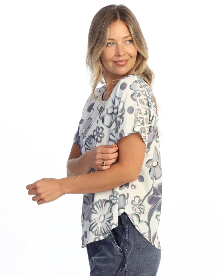 JESS & JANE Bubble Crepe Top w/ Mix-Match Back Panel & Sleeve Button Accents - CD1-2314 - LOVE LETTER