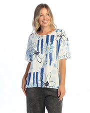 JESS & JANE Bubble Crepe Top w/ Front Seam & Side Slit Detail w/ Button Accent - CD3-2290 - BLUE BLOOM