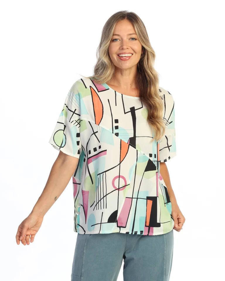 JESS & JANE Bubble Crepe Top w/ Front Seam & Side Slit Detail w/ Button Accent - CD3-2303 - JAZZY