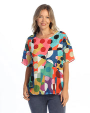 JESS & JANE Bubble Crepe Top w/ Front Seam & Side Slit Detail w/ Button Accent - CD3-2305 - DOT DAY