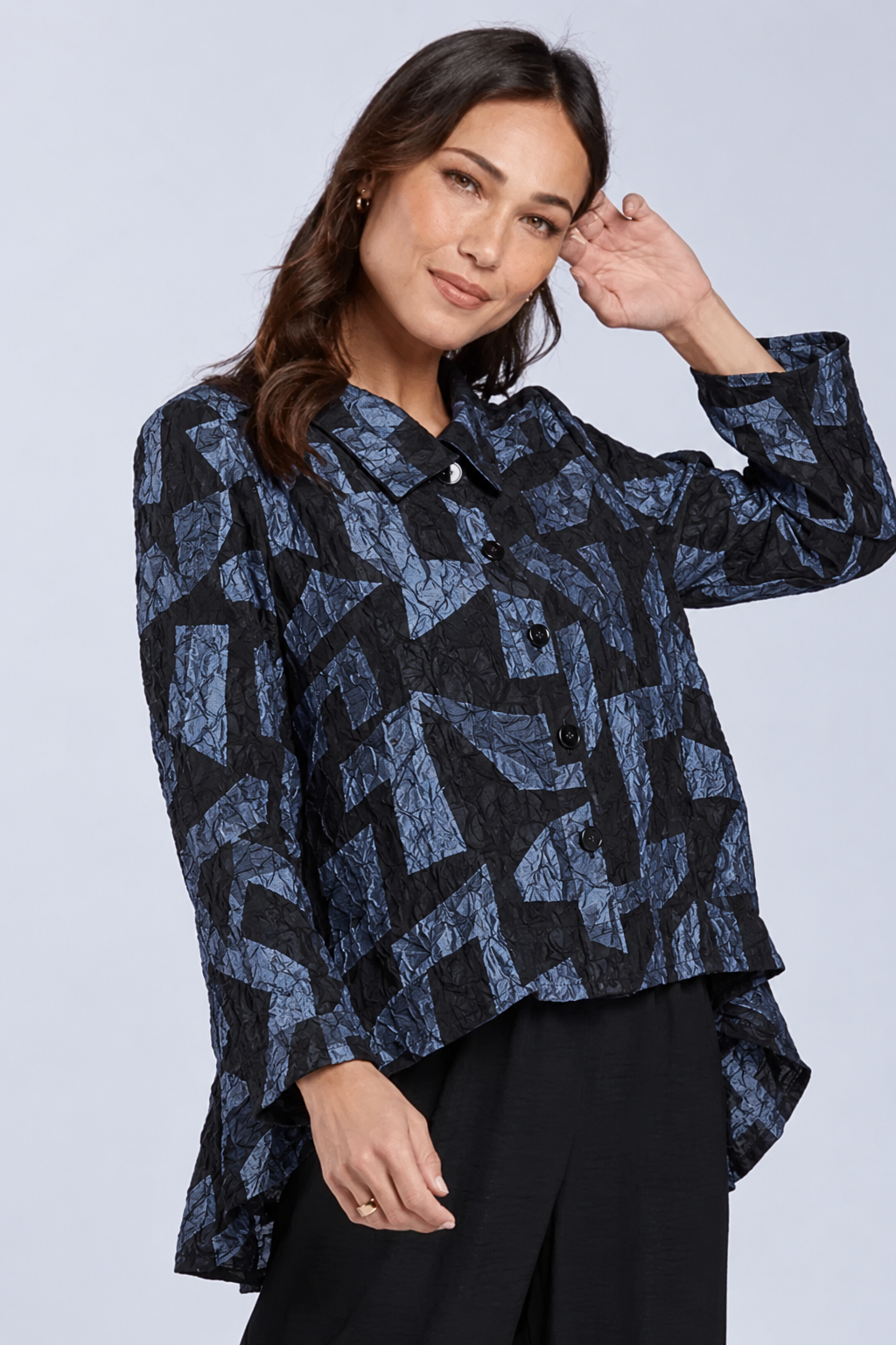 Sydney Project Shannon Button Down Cropped Geometric Design Jacket - CJJ1032 - BLUE GREY