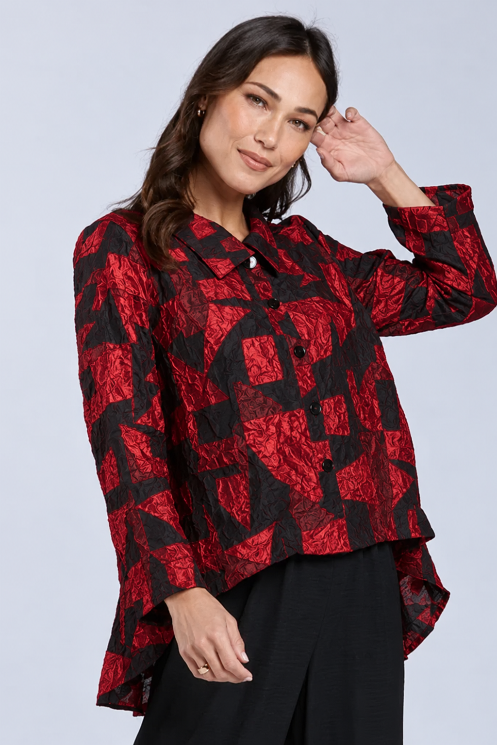 Sydney Project Shannon Button Down Cropped Geometric Design Jacket - CJJ1032 - CRIMSON