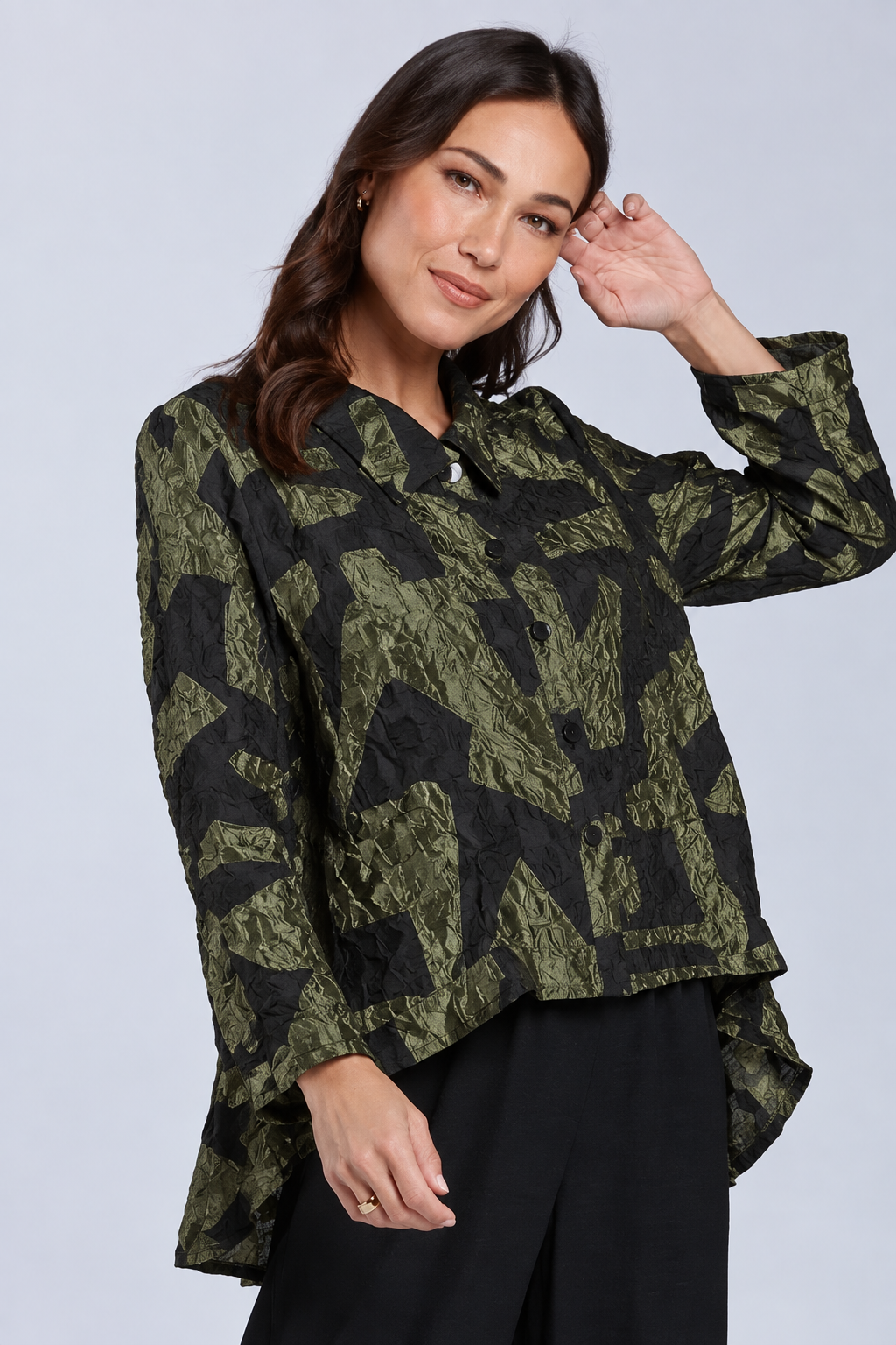 Sydney Project Shannon Button Down Cropped Geometric Design Jacket - CJJ1032 - OLIVE